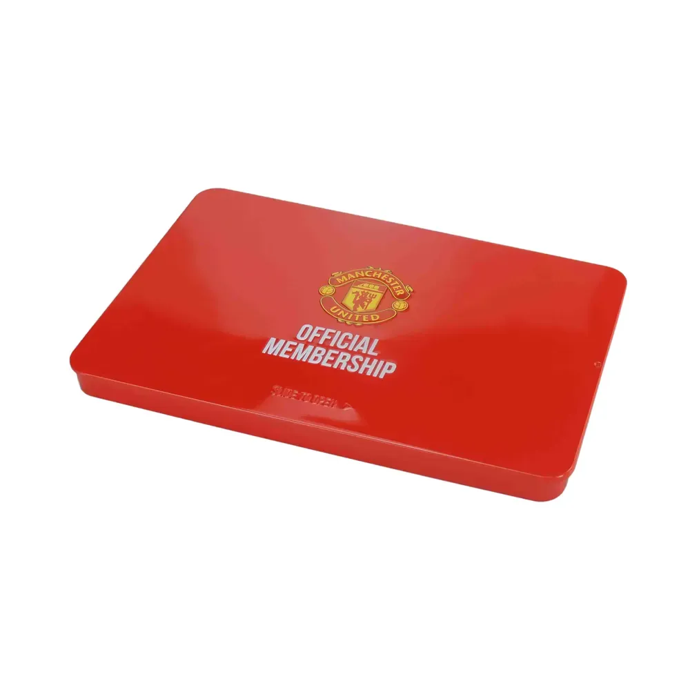 Red rectangular slide tin shown at an angle, printed with a gold crest and white lettering, on a white background