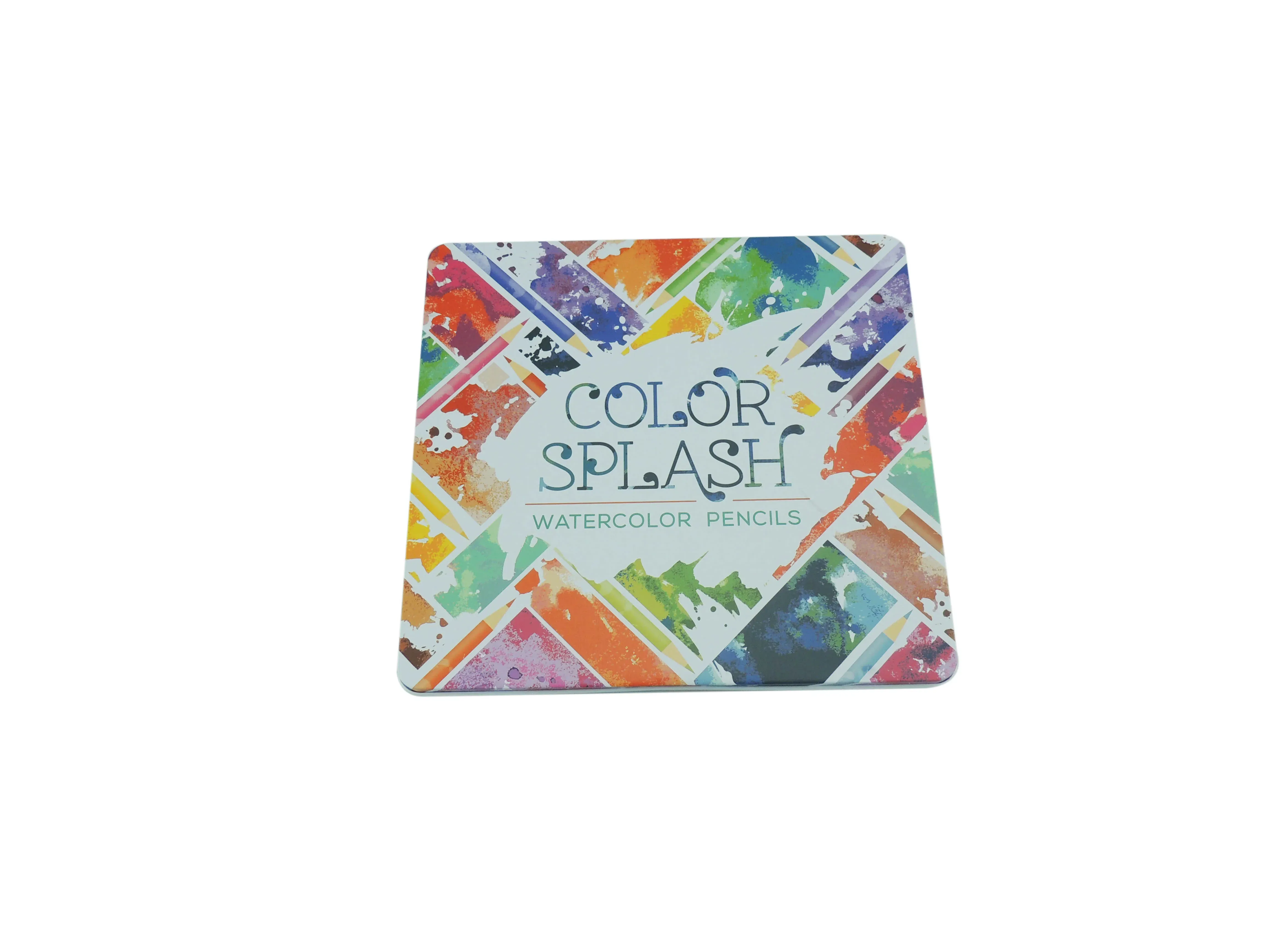 Square pencil tin printed with a Colour Splash watercolor-pencil design