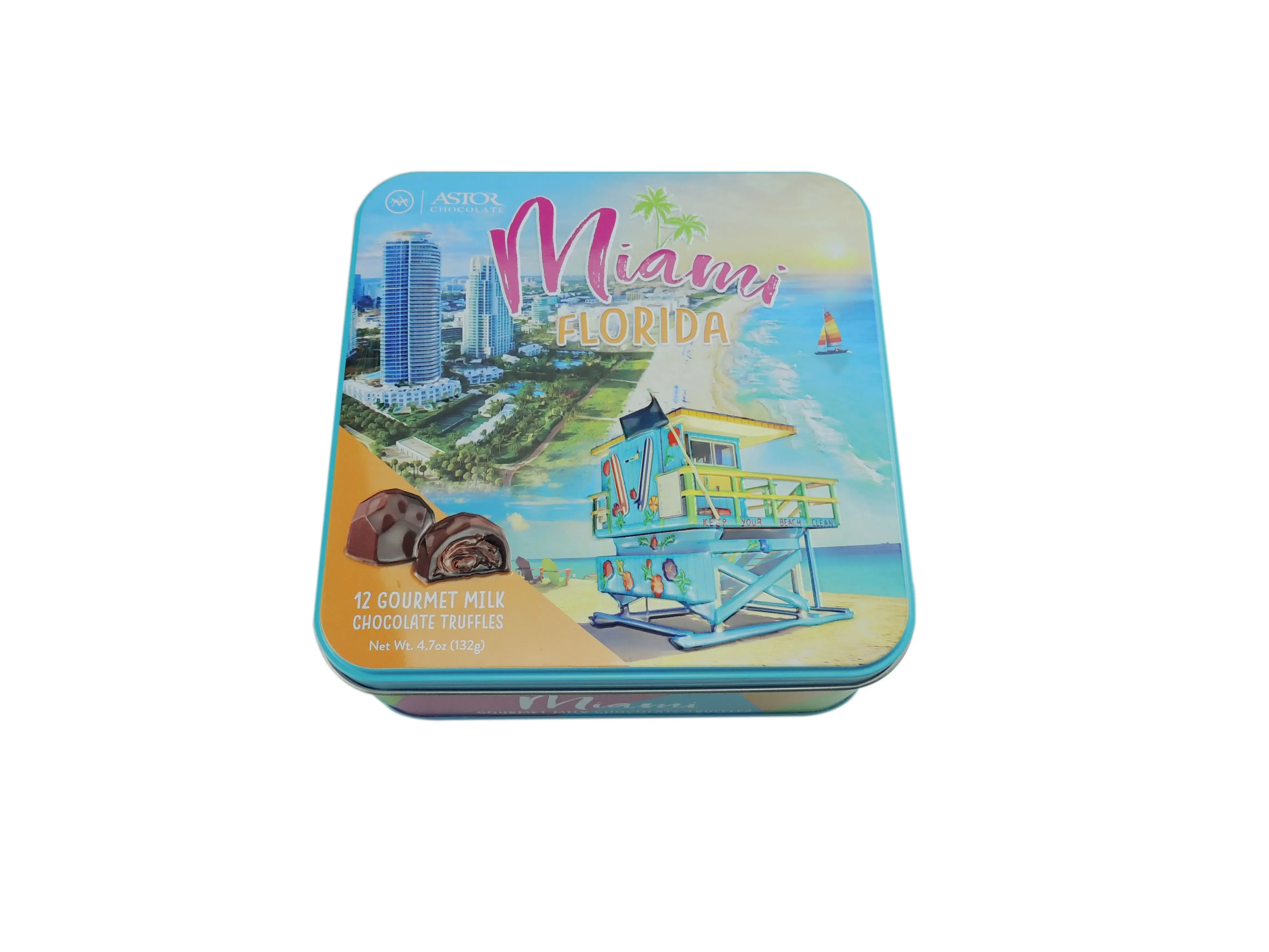 Square tin with a summery beach-scene lid print