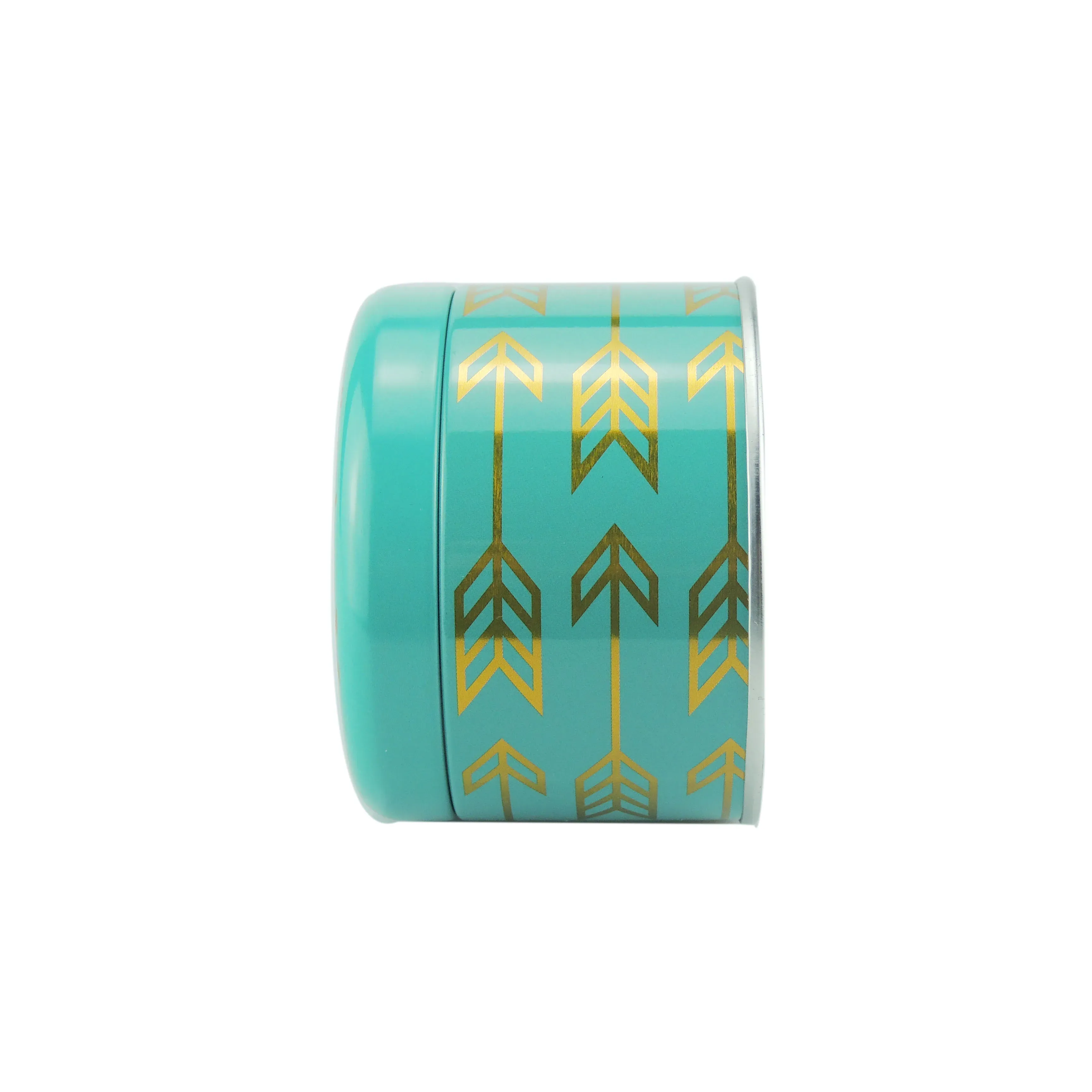 Side view of the teal tea caddy showing the wrap-around gold arrow pattern