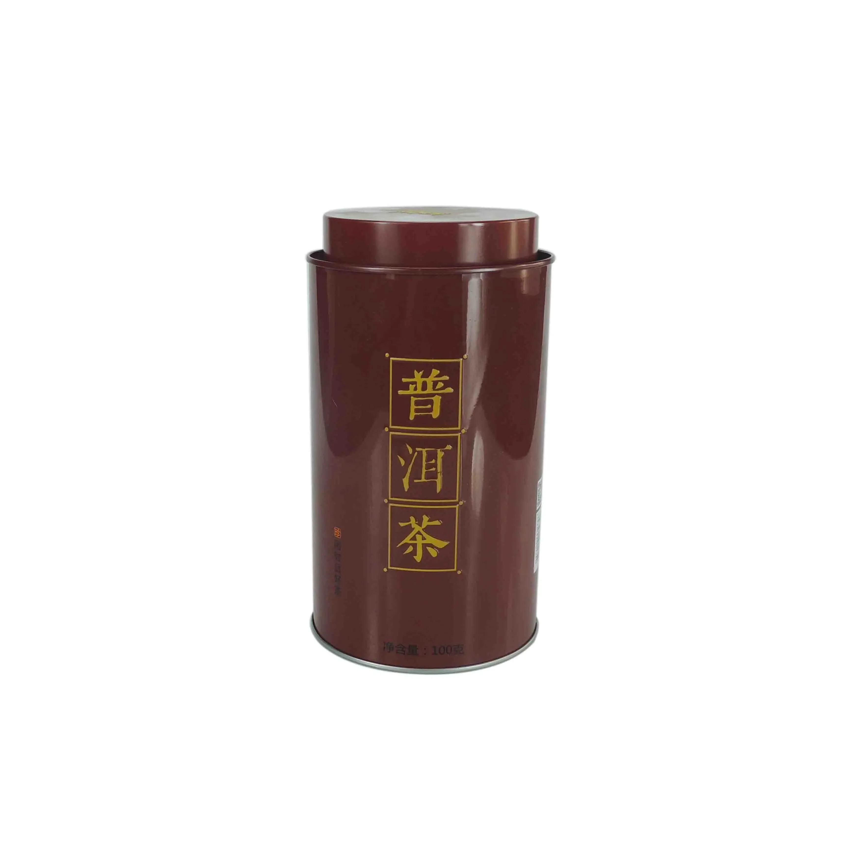 Tall round tea tin printed with gold Chinese characters on a deep red body