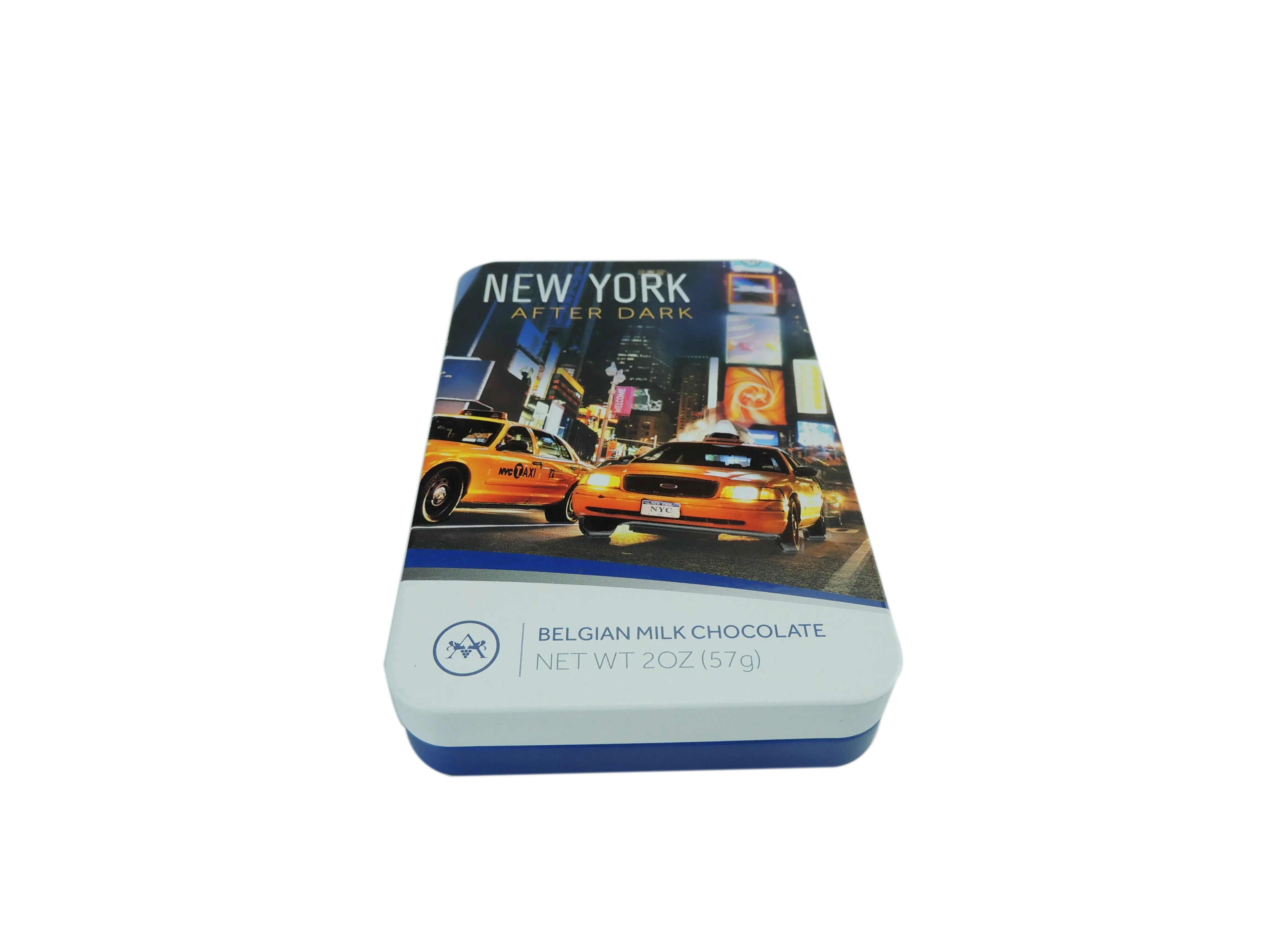 Mini rectangular tin printed with a New York city theme, shown upright