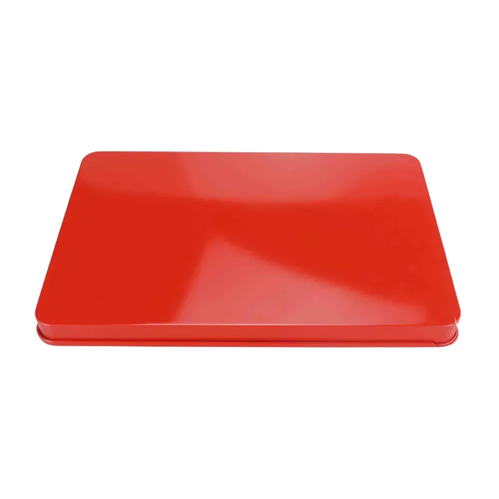 Slim red rectangular slide tin with the lid closed, on a white background