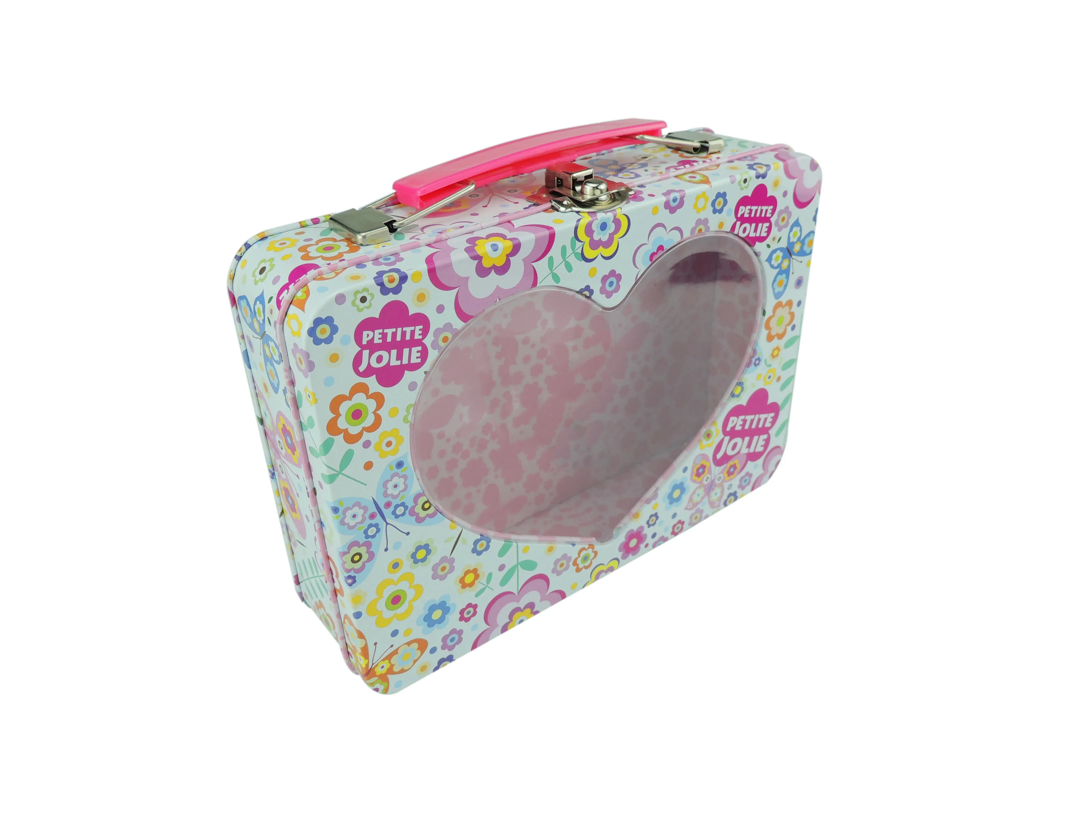Heart-shaped tin with a floral print and a pink carry handle