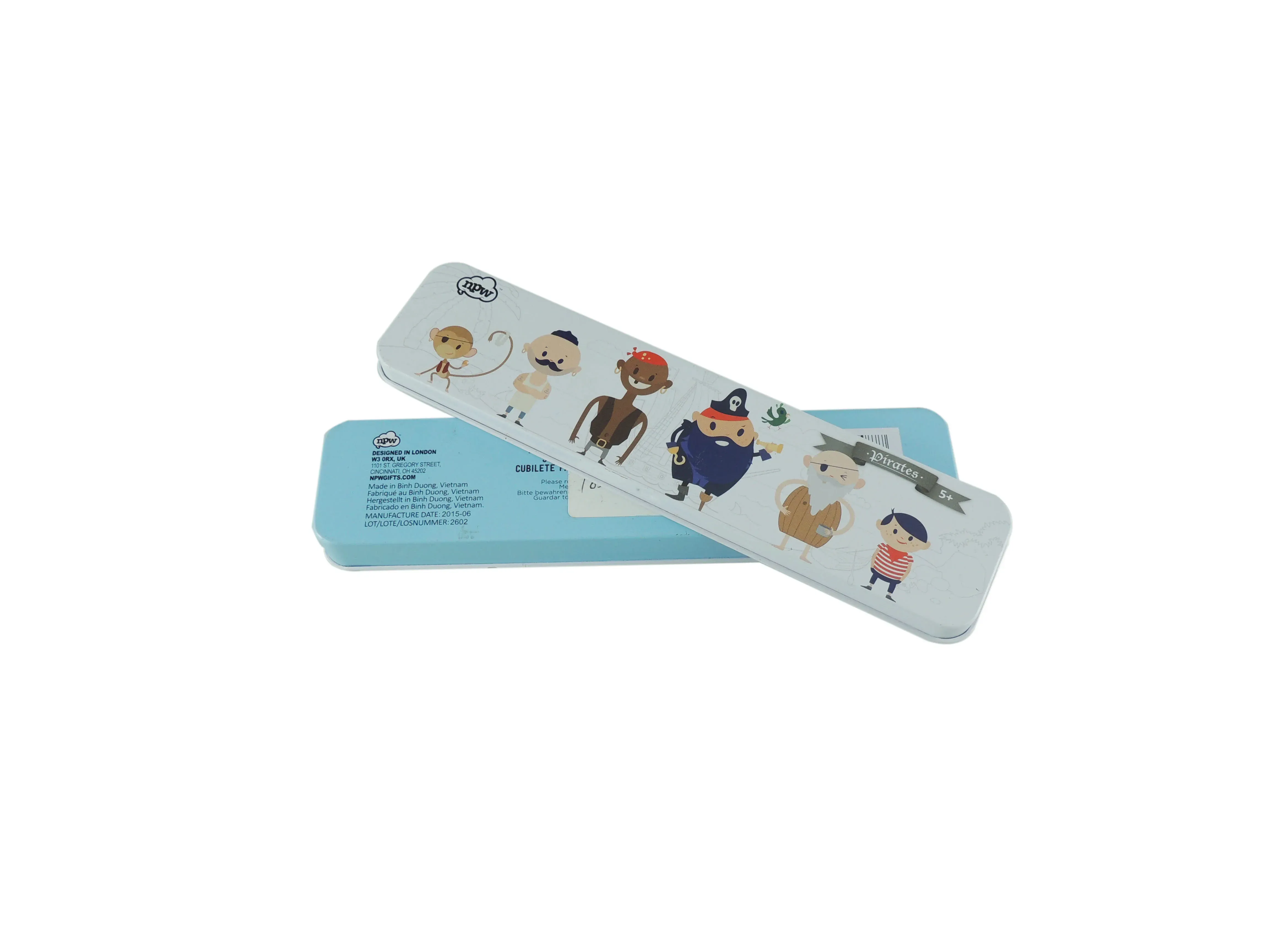 Slim rectangular pencil tins stacked, printed with storybook character illustrations