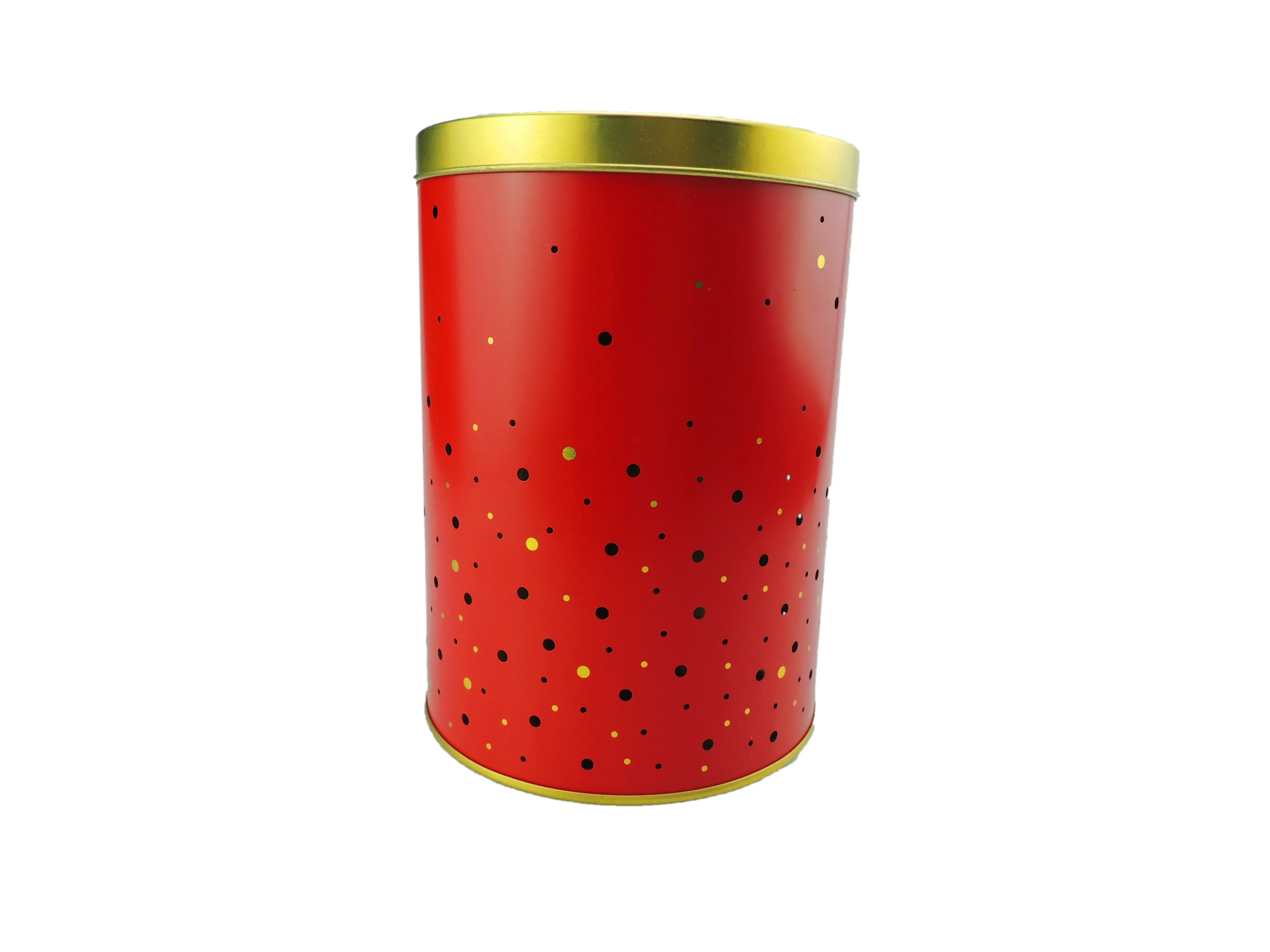 Round candle tin in red printed with scattered gold and black dots, gold lid fitted