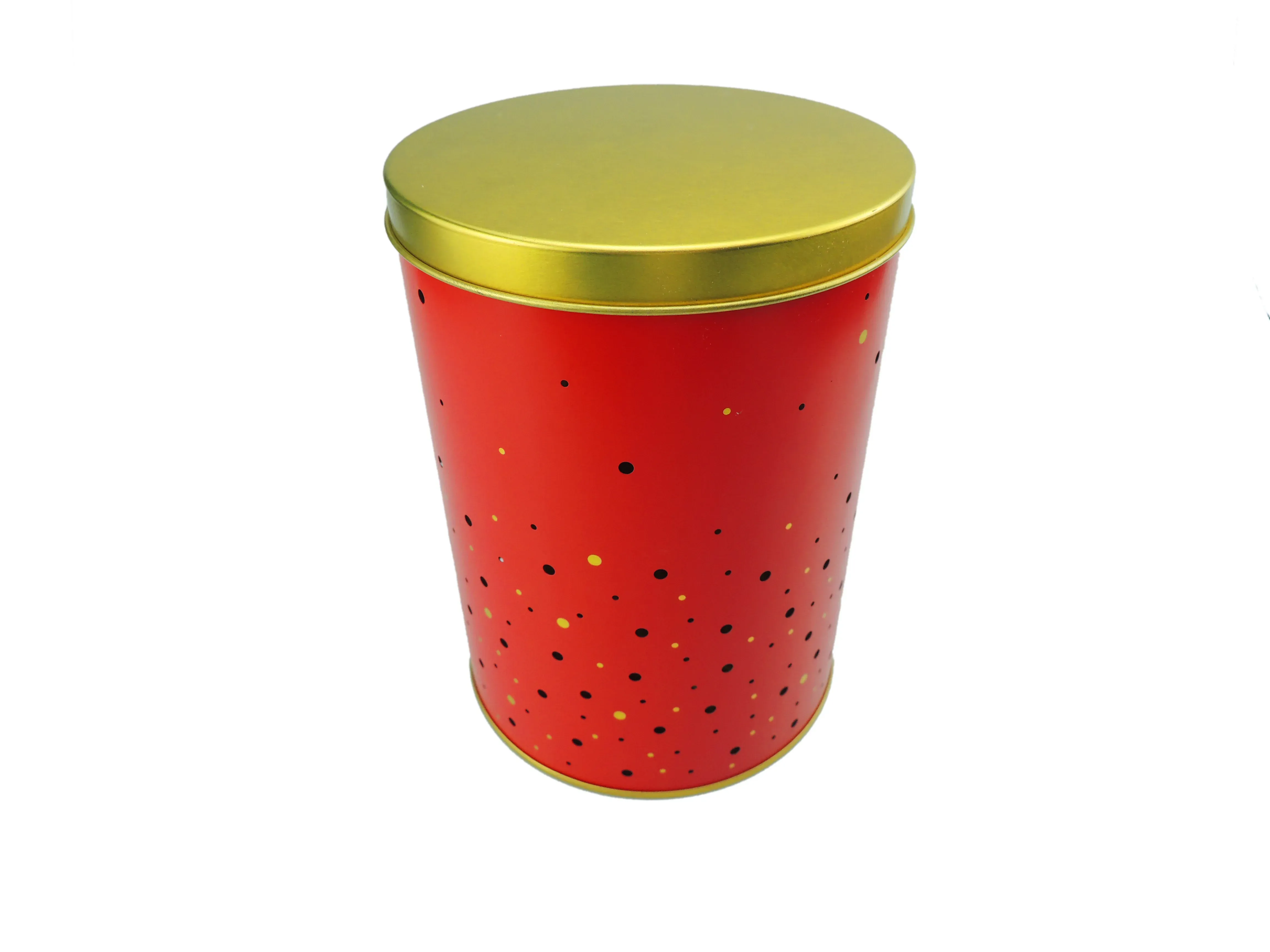 Tapered round candle tin with a gold lid, printed in red with gold and black polka dots