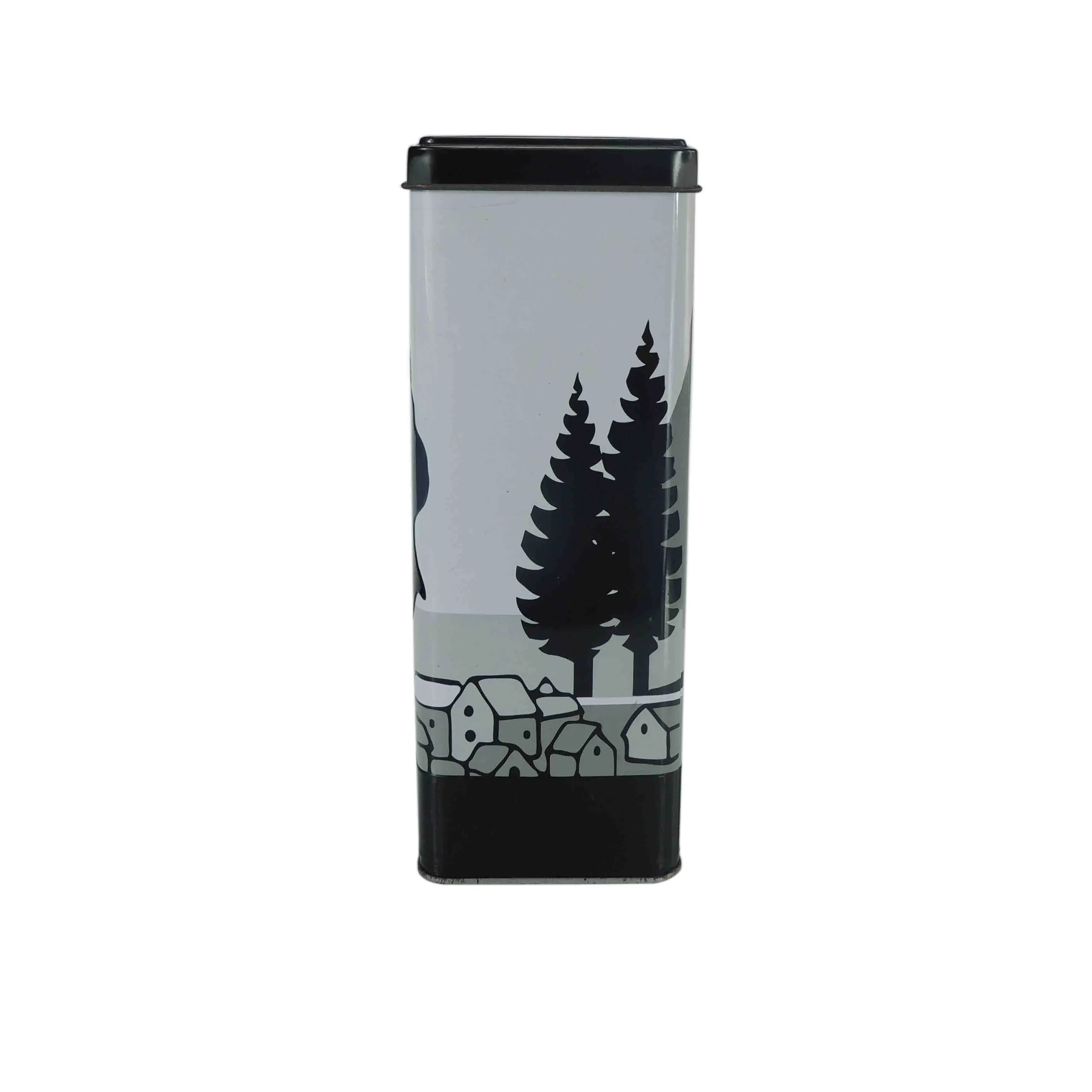 Tall rectangular tin with a black-and-white pine tree print