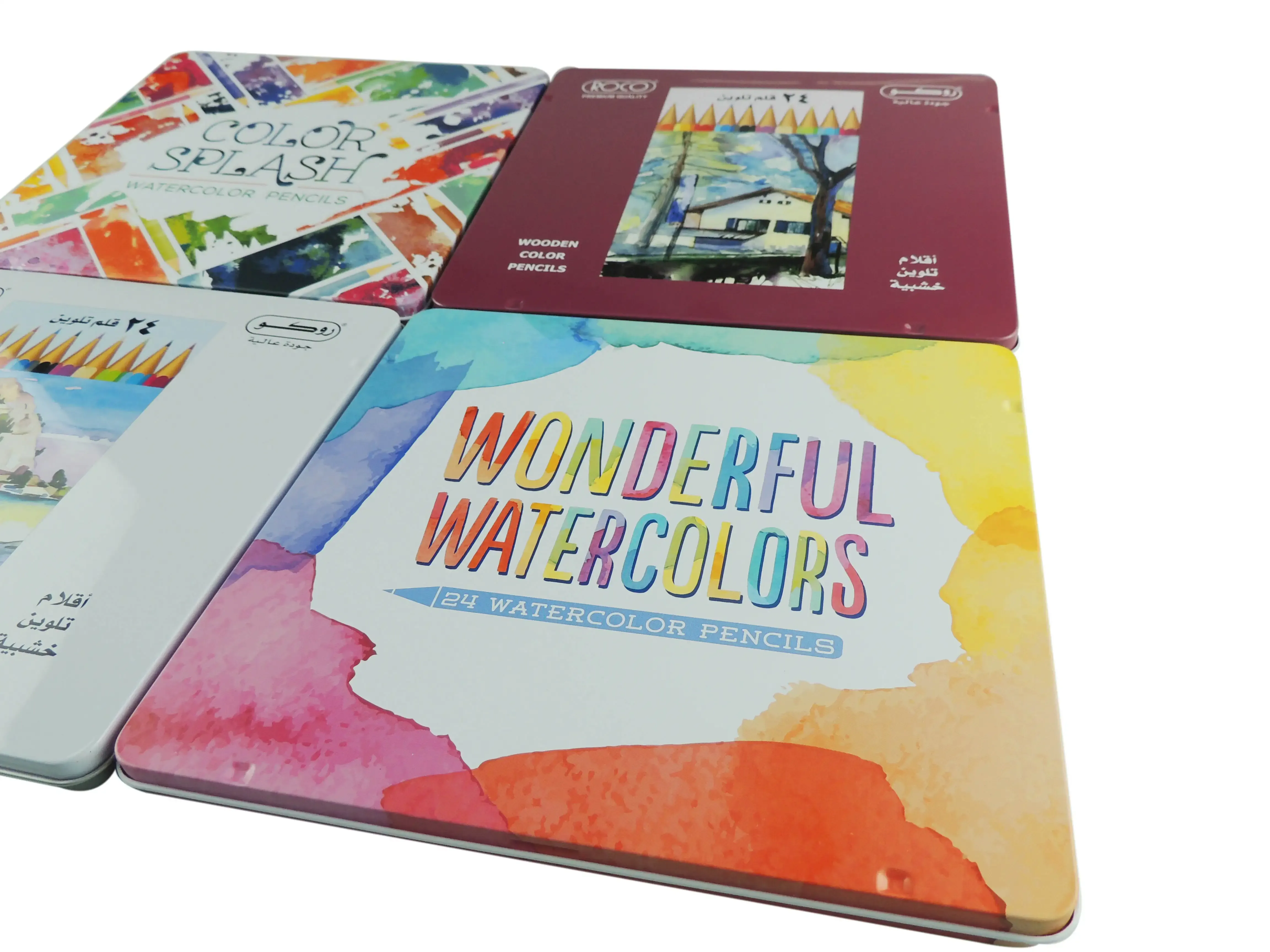 Square pencil tin lid printed with Wonderful Watercolors in colorful lettering