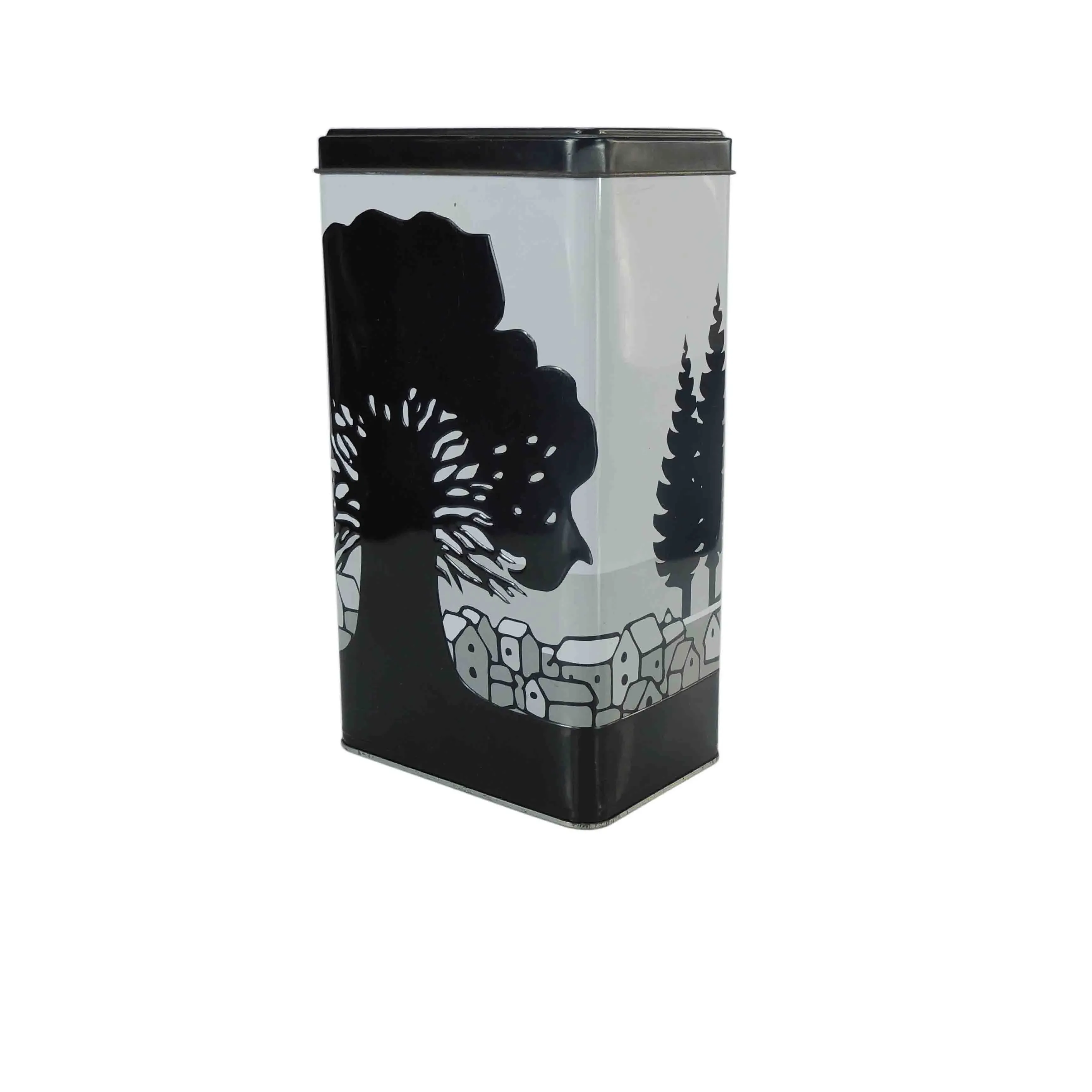 Tall rectangular tin printed in black and white with a large tree silhouette