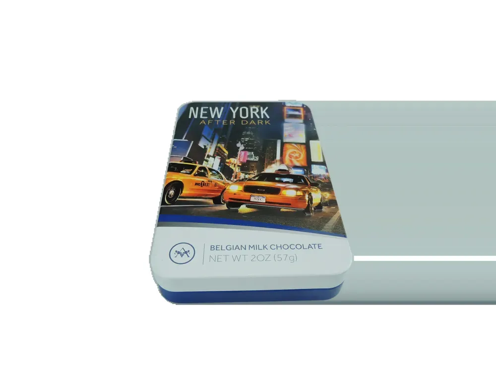 Mini rectangular tin printed with a New York city theme, shown upright