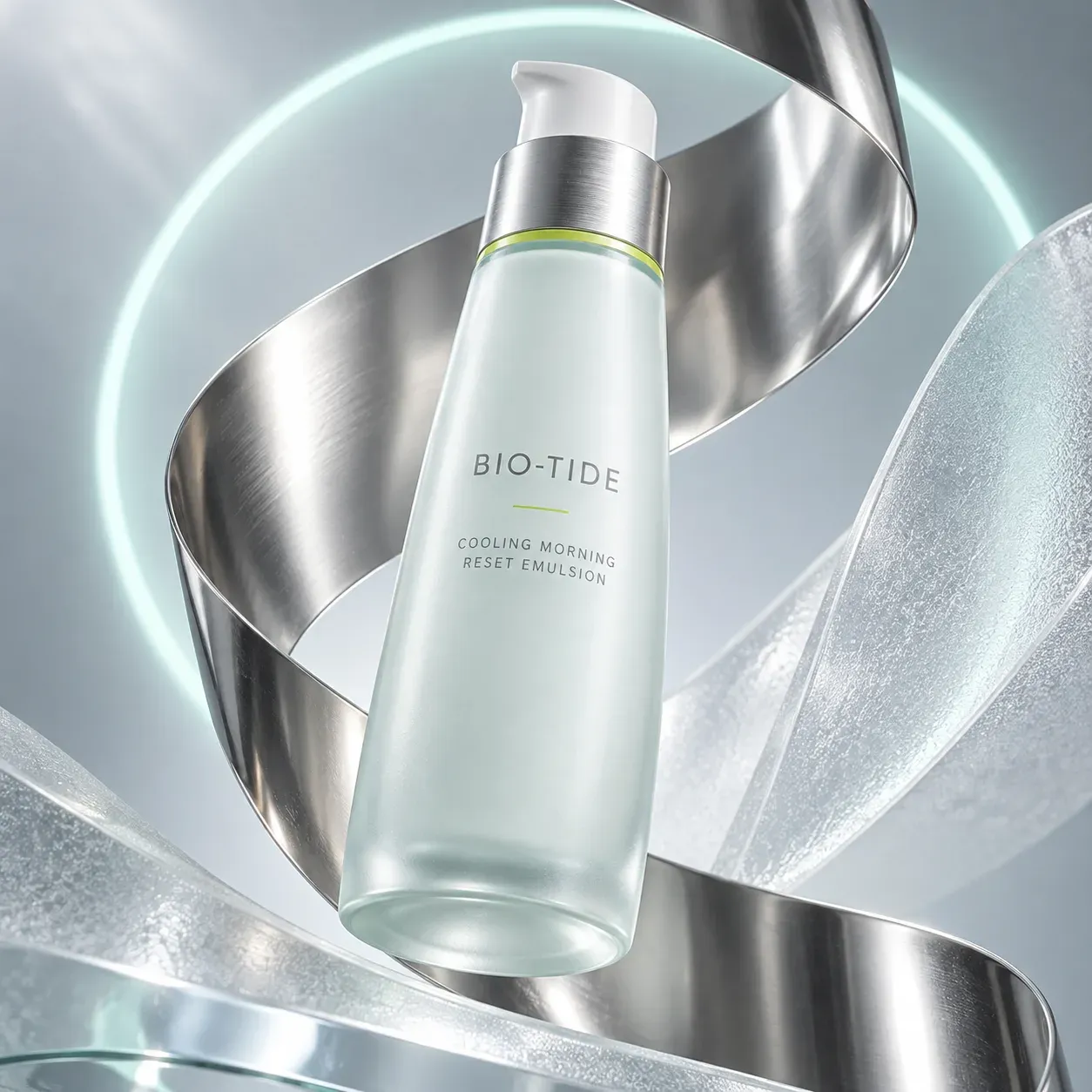 Cooling Morning Reset Emulsion bottle framed by chrome ribbon and a pale aqua halo