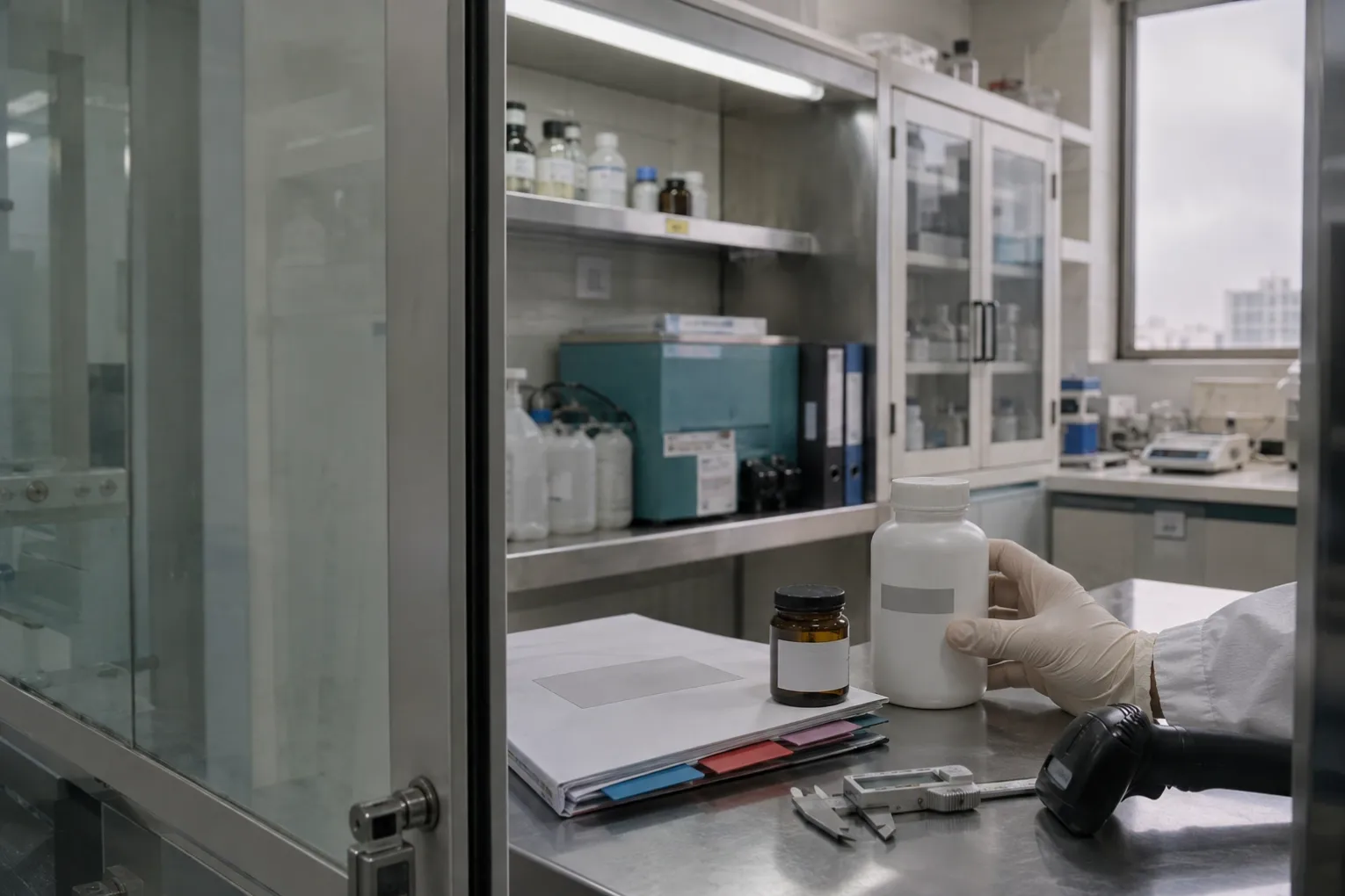 Sealed cosmetic batch samples, a tabbed deviation folder, caliper and barcode label in a documentary quality-review corner