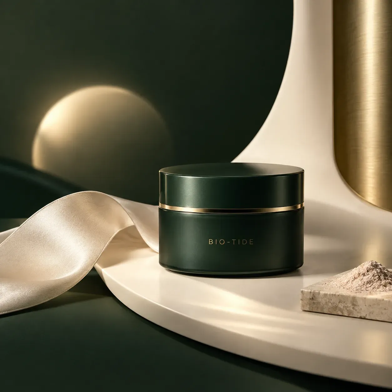 Forest-green BIO-TIDE massage balm jar in a soft-focus sensory still life