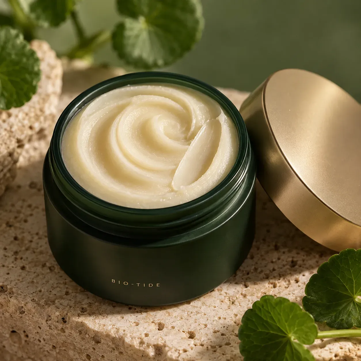 Open BIO-TIDE massage balm jar showing the dense ivory balm texture