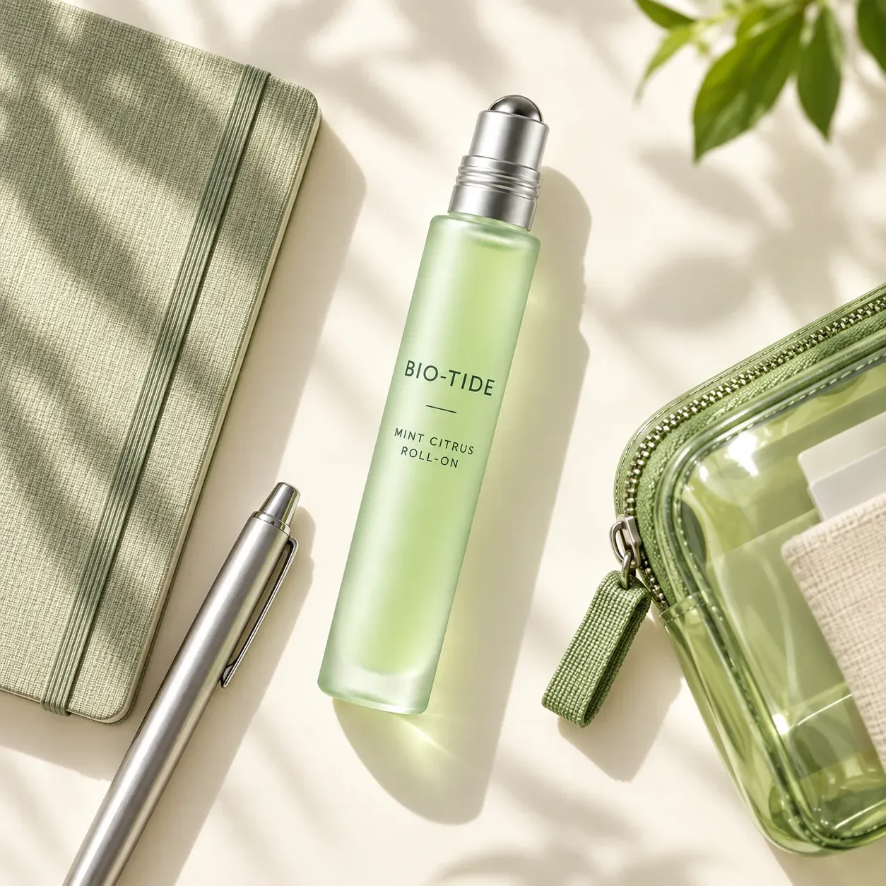 Slim BIO-TIDE roll-on beside a notebook pen and green travel pouch