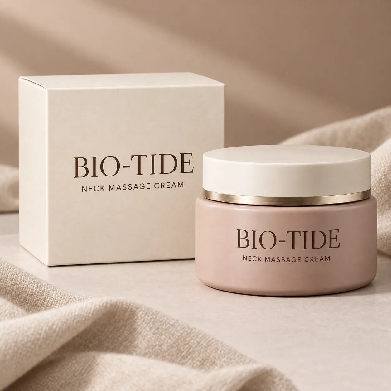 Rose-taupe neck cream jar and ivory carton shown as packaging concepts