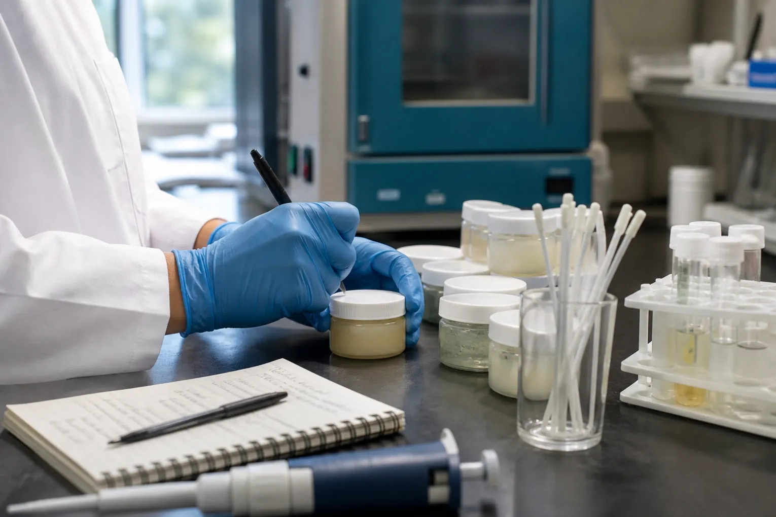 Laboratory technician preparing cosmetic samples for preservative challenge testing