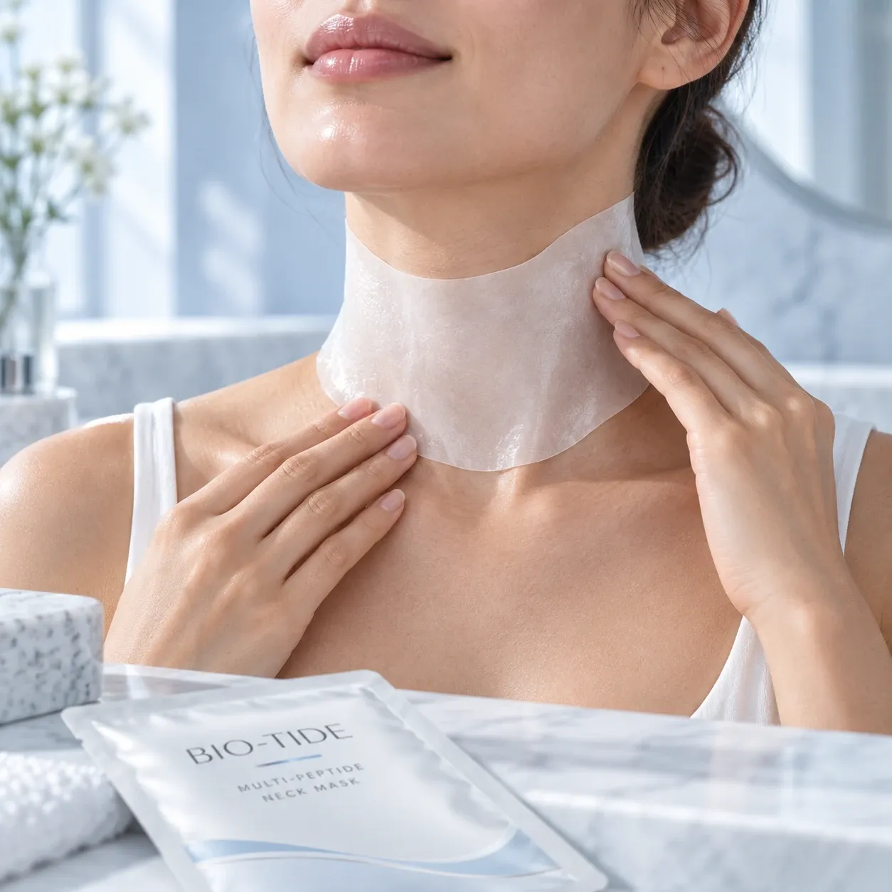 Adult model wearing a white neck sheet mask during a skincare routine