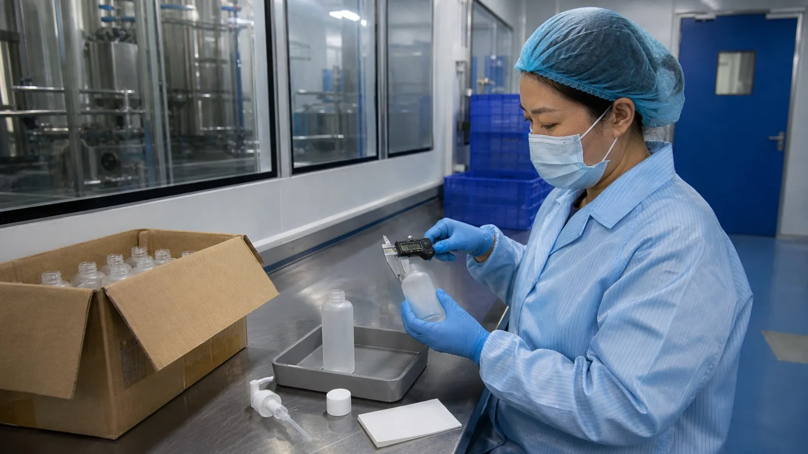 Single packaging quality inspector measuring the neck of a plain skincare bottle at an incoming inspection station
