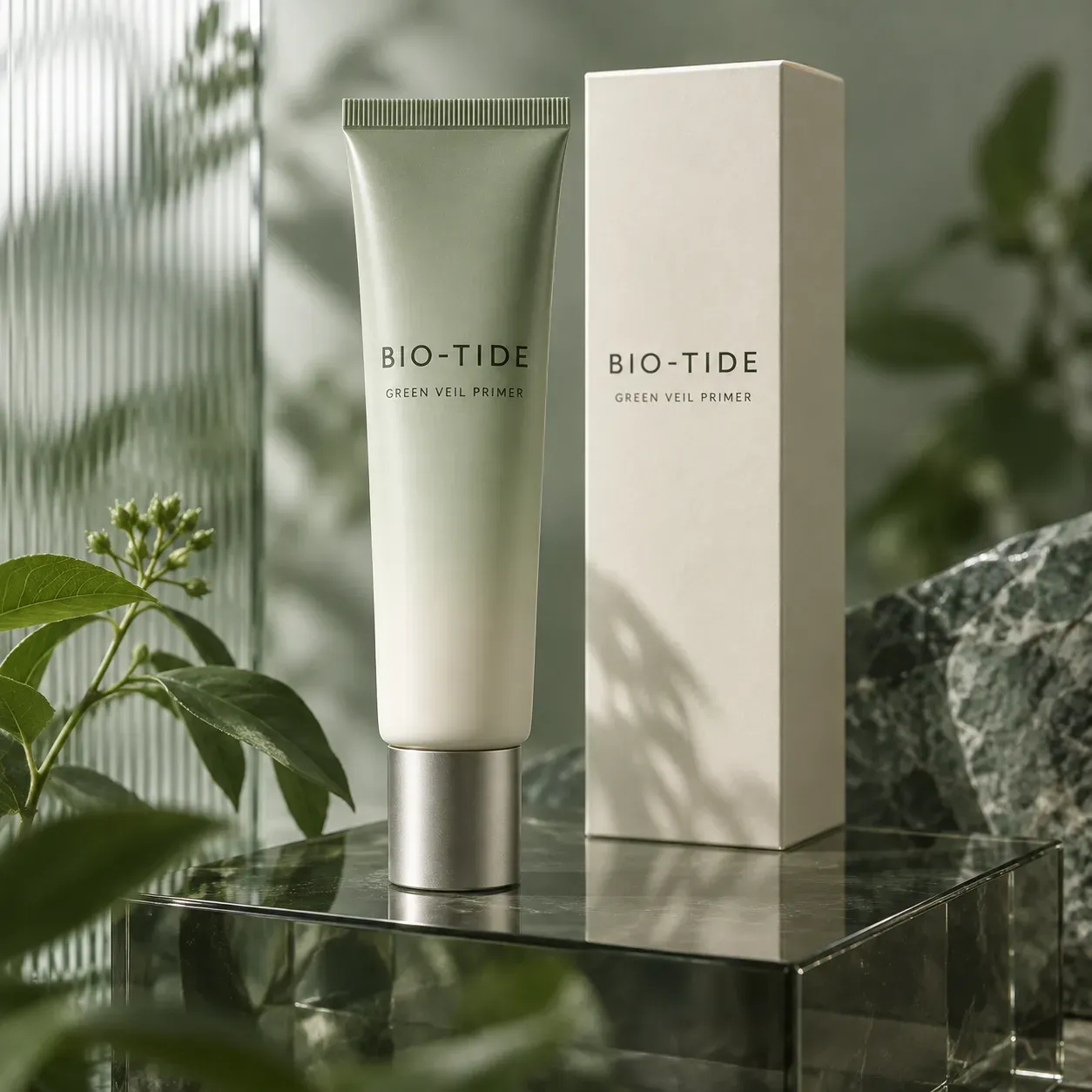 BIO-TIDE green primer tube with minimalist warm ivory carton