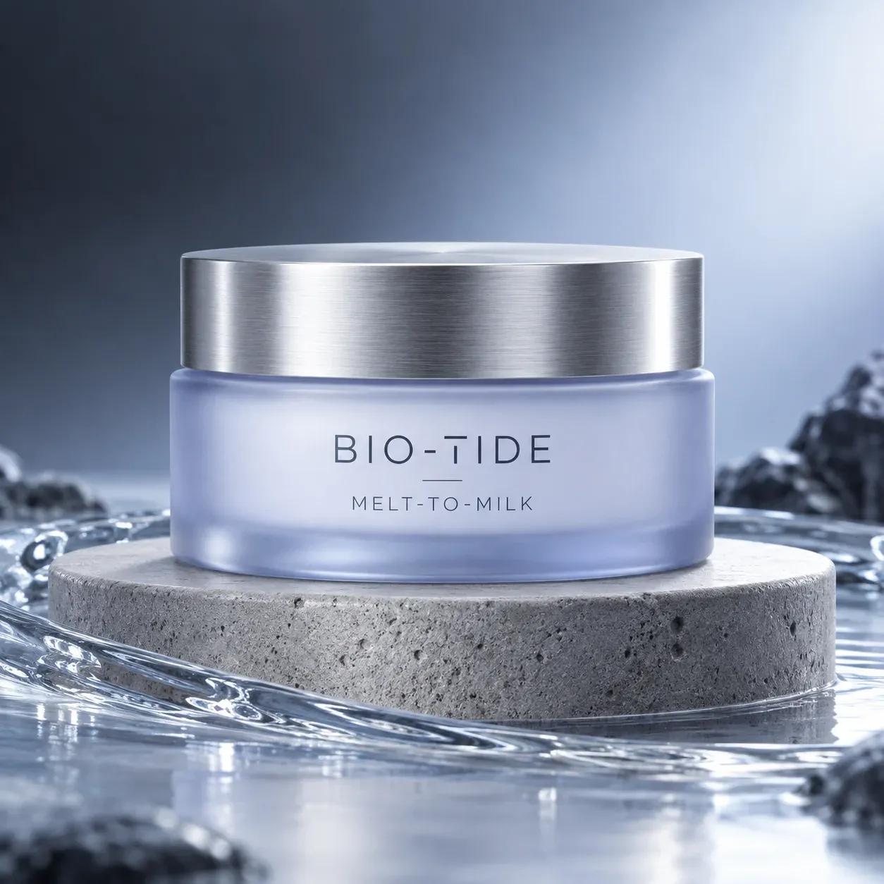 BIO-TIDE melt-to-milk massage cleanser jar on a pale basalt pedestal
