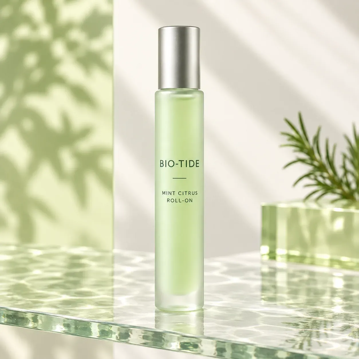 Capped BIO-TIDE roll-on standing on a rippled glass shelf