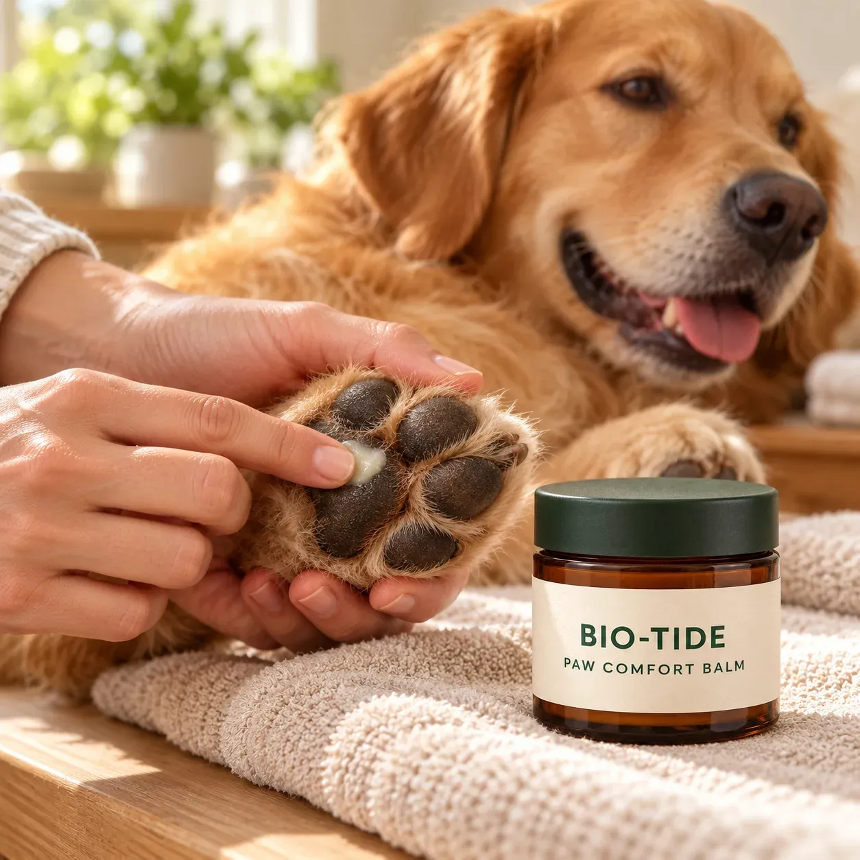 A small amount of BIO-TIDE Paw Comfort Balm being massaged onto a healthy dog paw