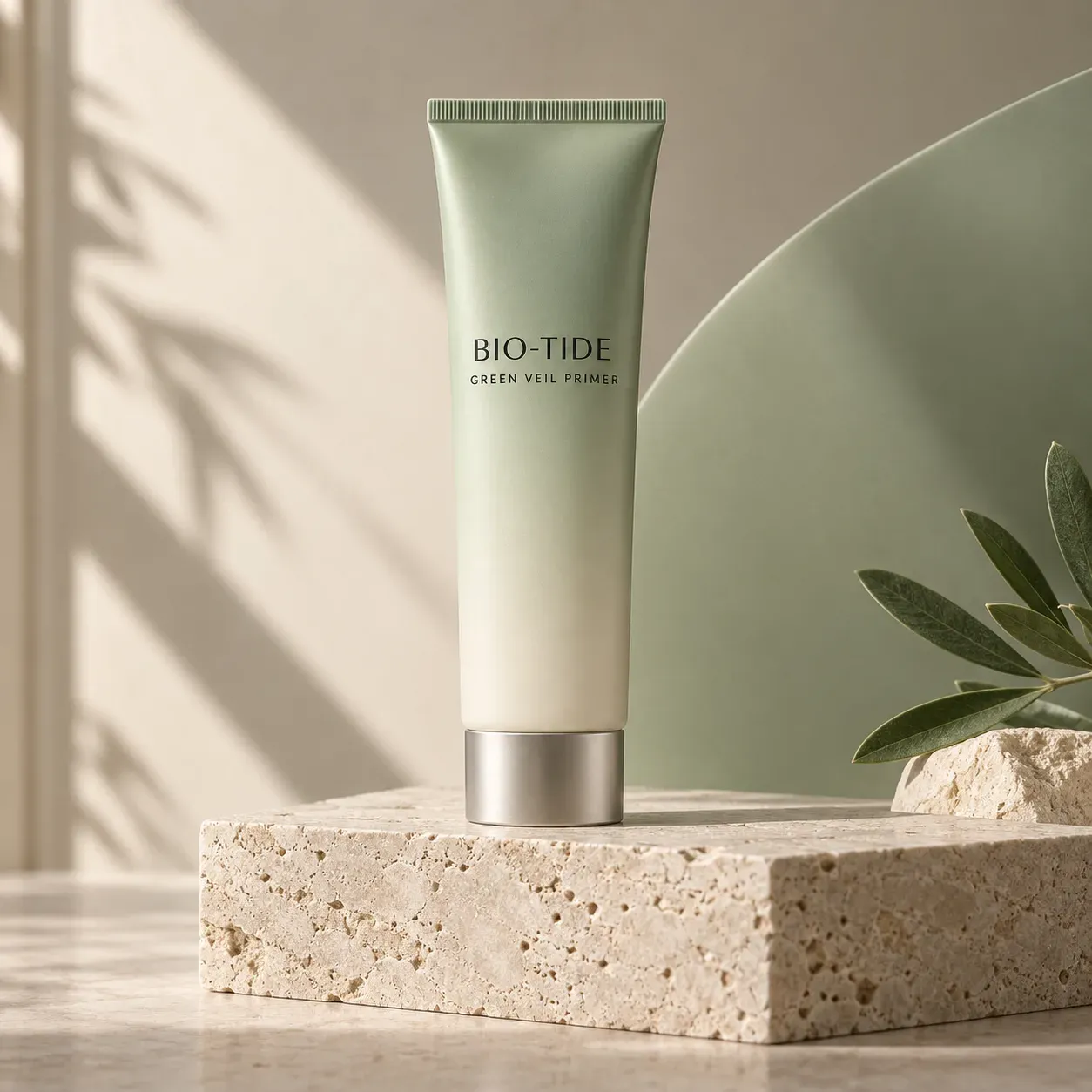Tall BIO-TIDE green primer tube on pale travertine in warm studio light