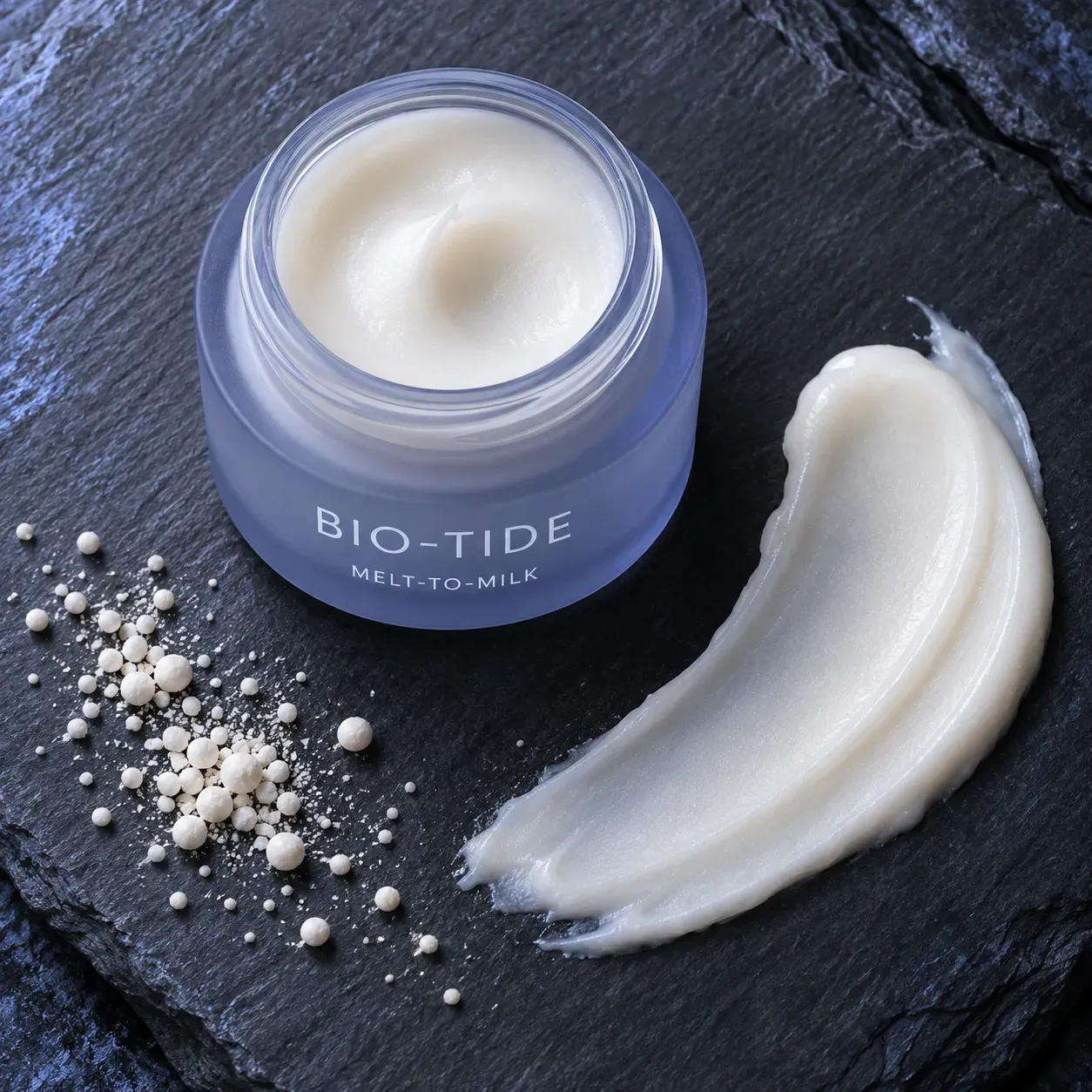 Open cleanser jar with a pearl-white cream ribbon and fine rounded particles