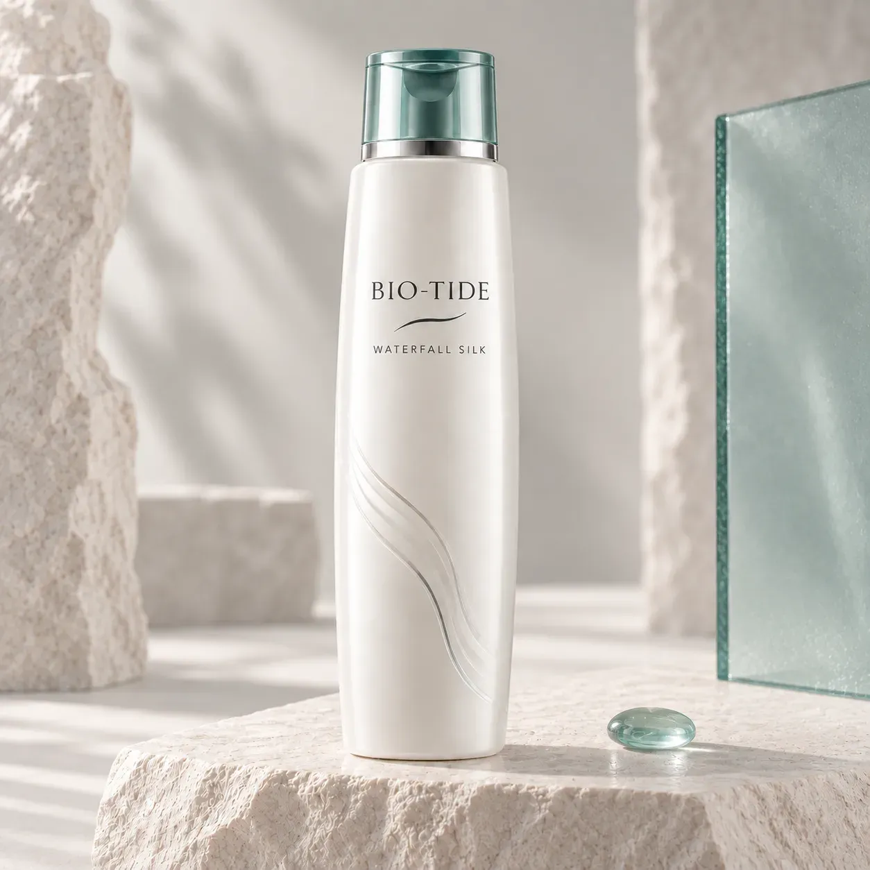 Tall BIO-TIDE Waterfall Silk conditioner bottle in a clean ivory and aqua studio setting