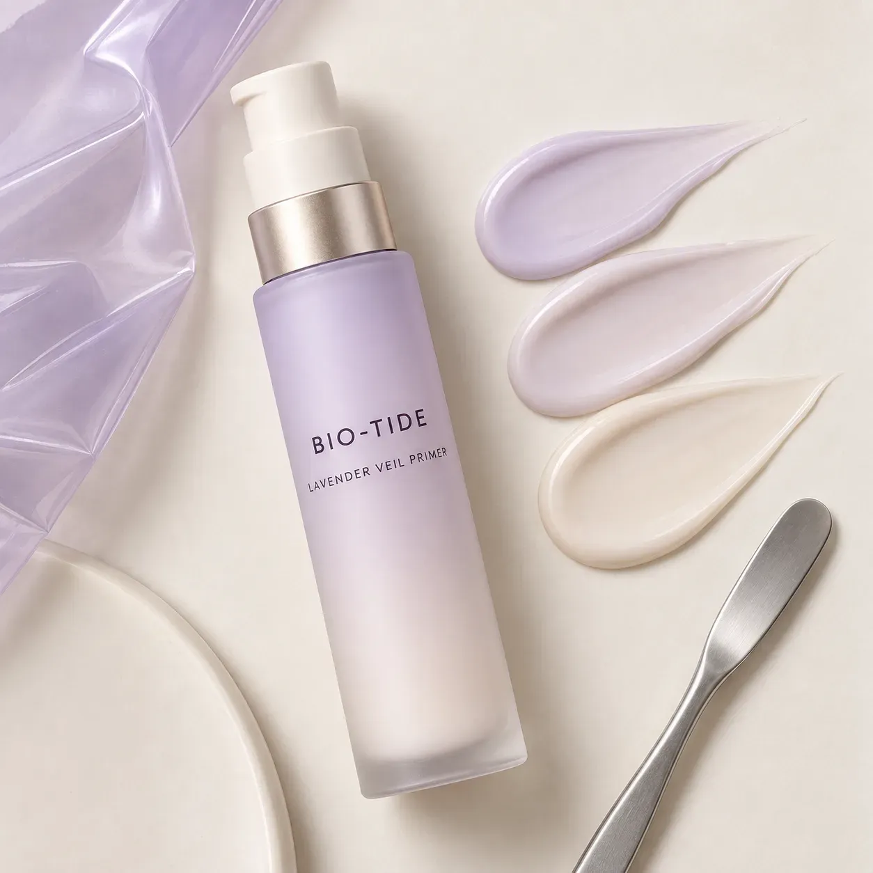 BIO-TIDE lavender primer bottle beside three smooth cream swatches