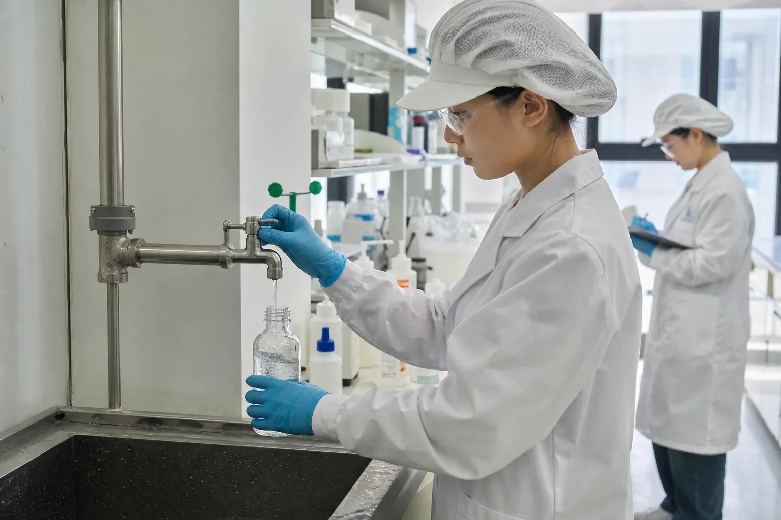 Laboratory technician collecting a manufacturing water sample for cosmetic quality monitoring
