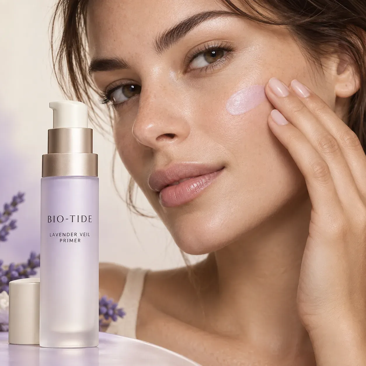 Adult model lightly tapping pale lavender primer onto the cheek beside the BIO-TIDE bottle