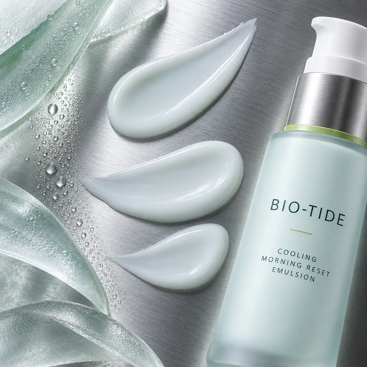 Uniform pale emulsion texture swatches beside a partially cropped BIO-TIDE airless bottle