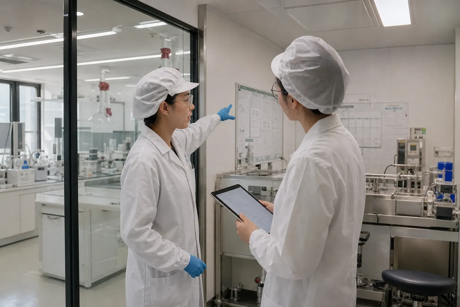 Quality lead and skincare brand manager reviewing a manufacturing due-diligence checklist during a facility walkthrough