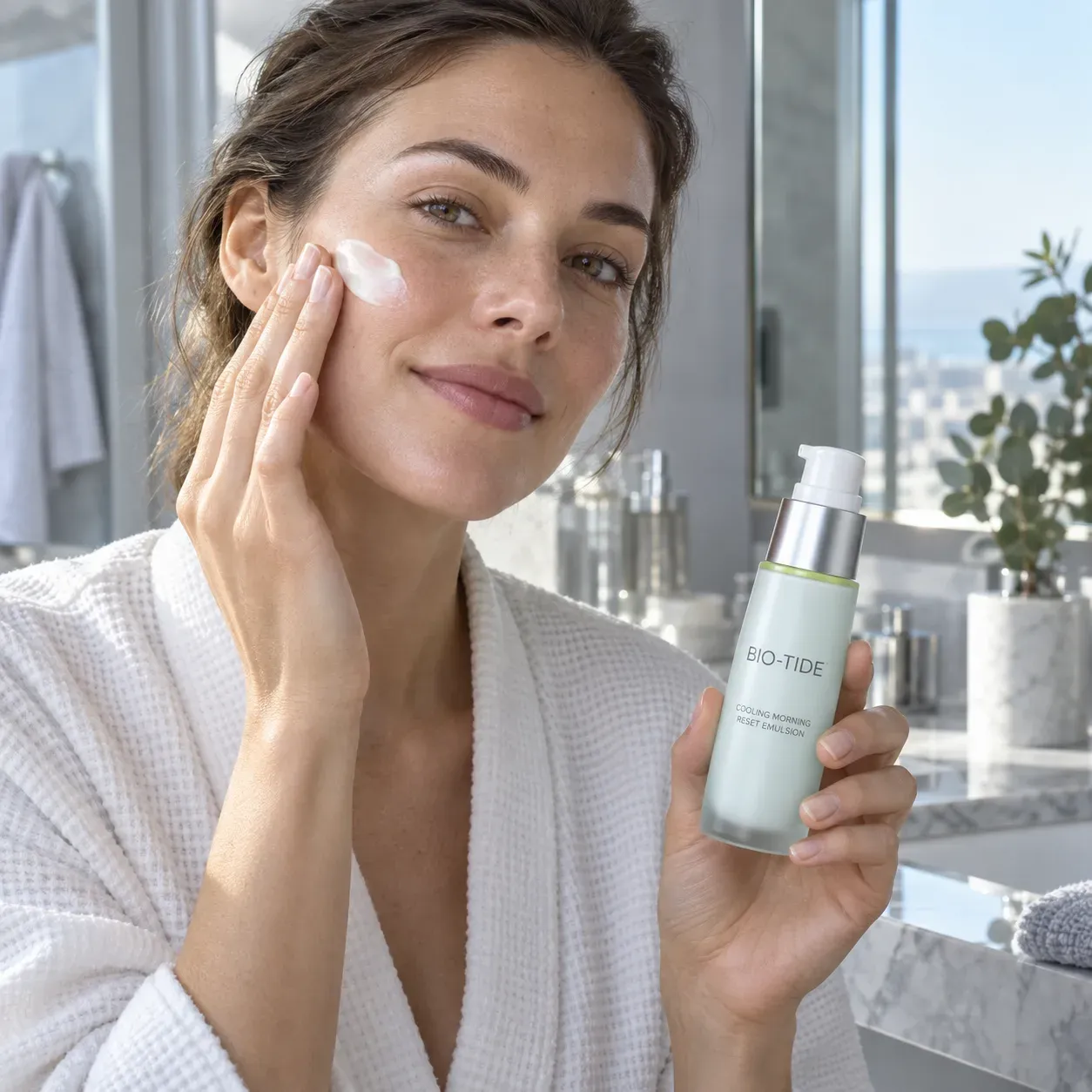Adult model applying Cooling Morning Reset Emulsion to the cheek in natural morning light