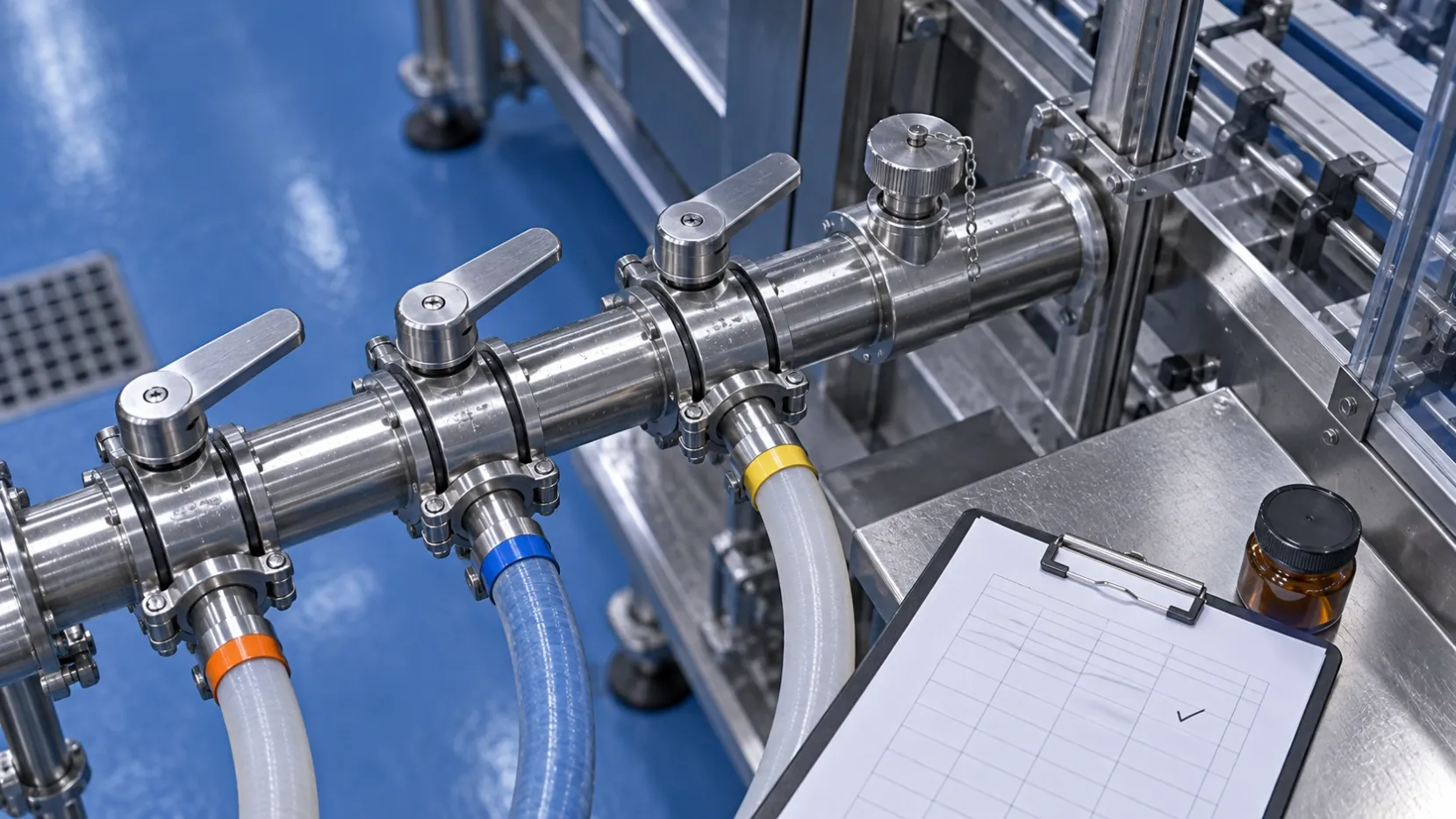 Overhead view of a sanitary transfer manifold, color-coded hose rings and a controlled batch-traveler sheet beside a cosmetic filling line