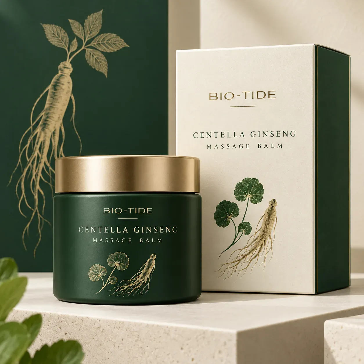 BIO-TIDE Centella Ginseng Massage Balm jar and carton packaging concept