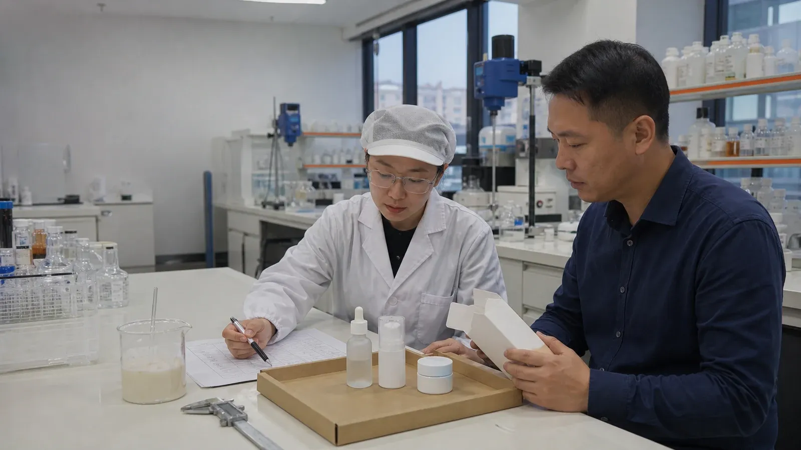 Skincare R&D technician and sourcing manager comparing packaging options for a manufacturing cost review