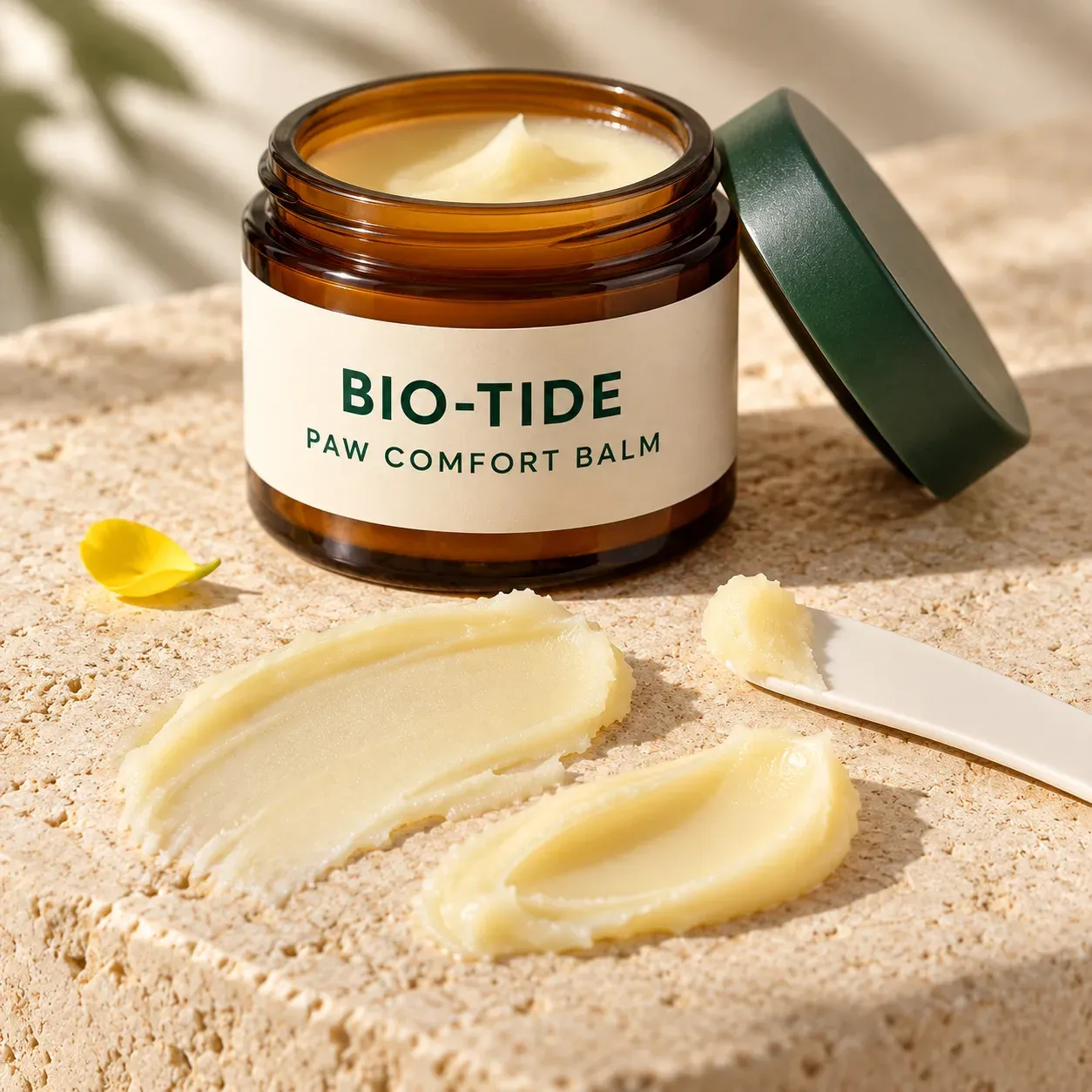 Controlled paw-balm swatches with a clean cosmetic spatula on warm limestone