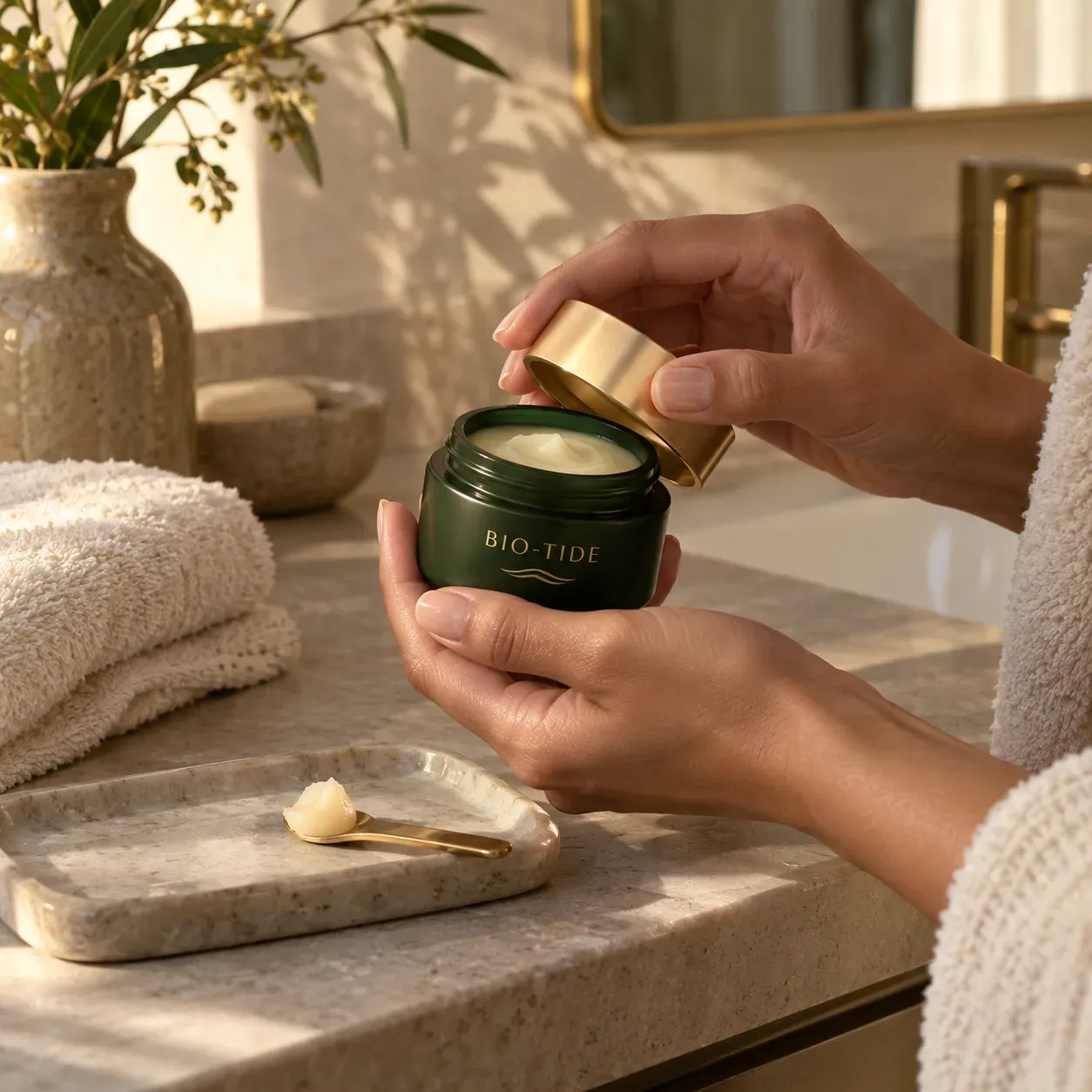 Adult hands opening the BIO-TIDE massage balm beside a cosmetic spatula
