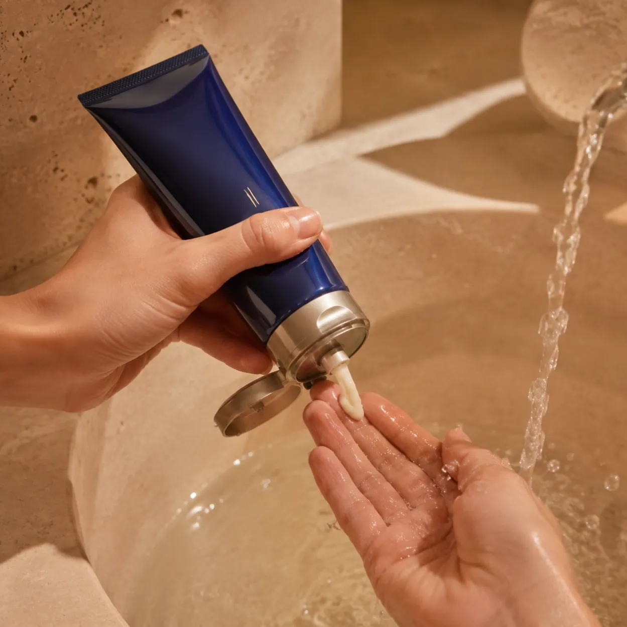 Cobalt cleanser tube dispensing a small ribbon of cream onto wet fingertips