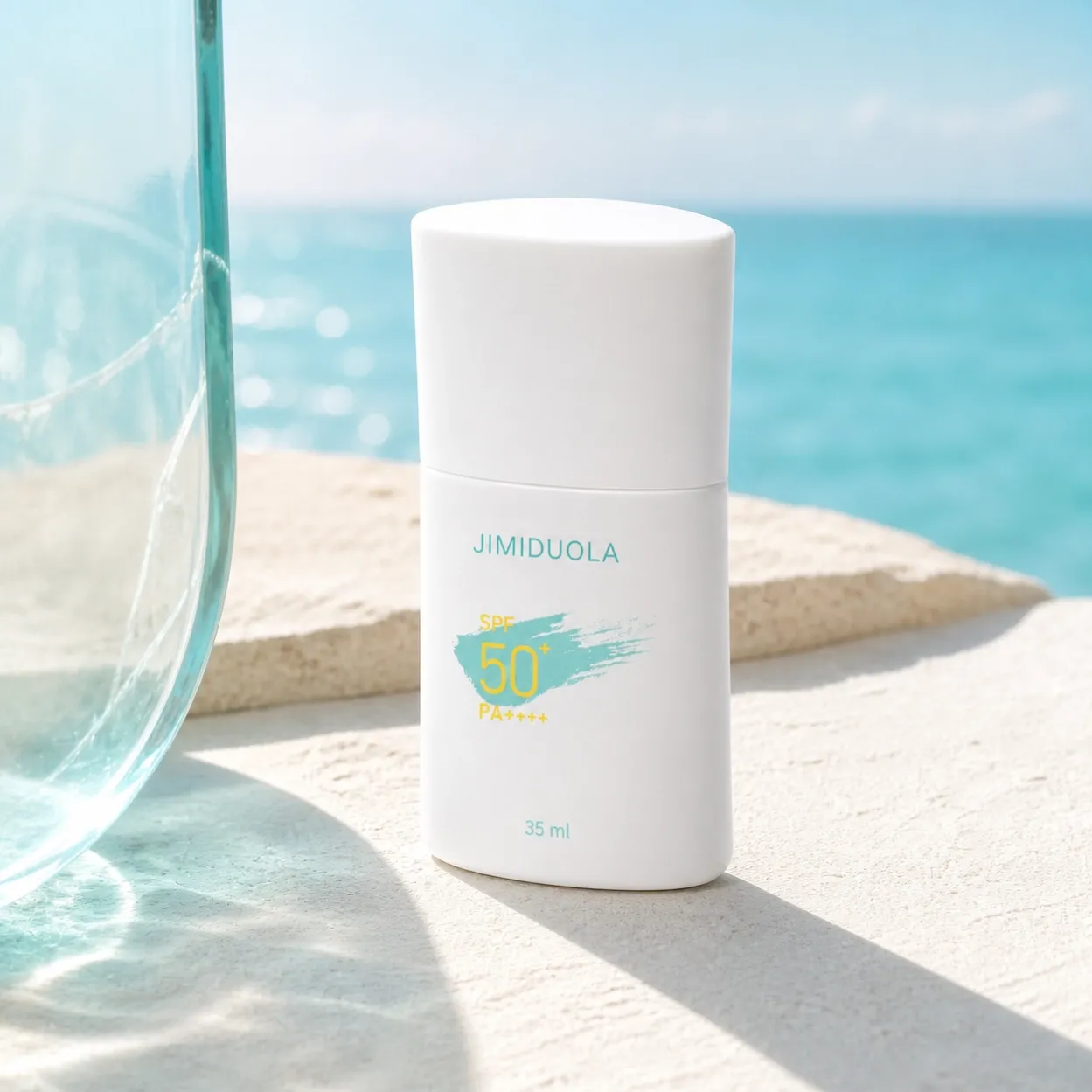 JIMIDUOLA essence sunscreen lotion in a bright coastal daylight setting