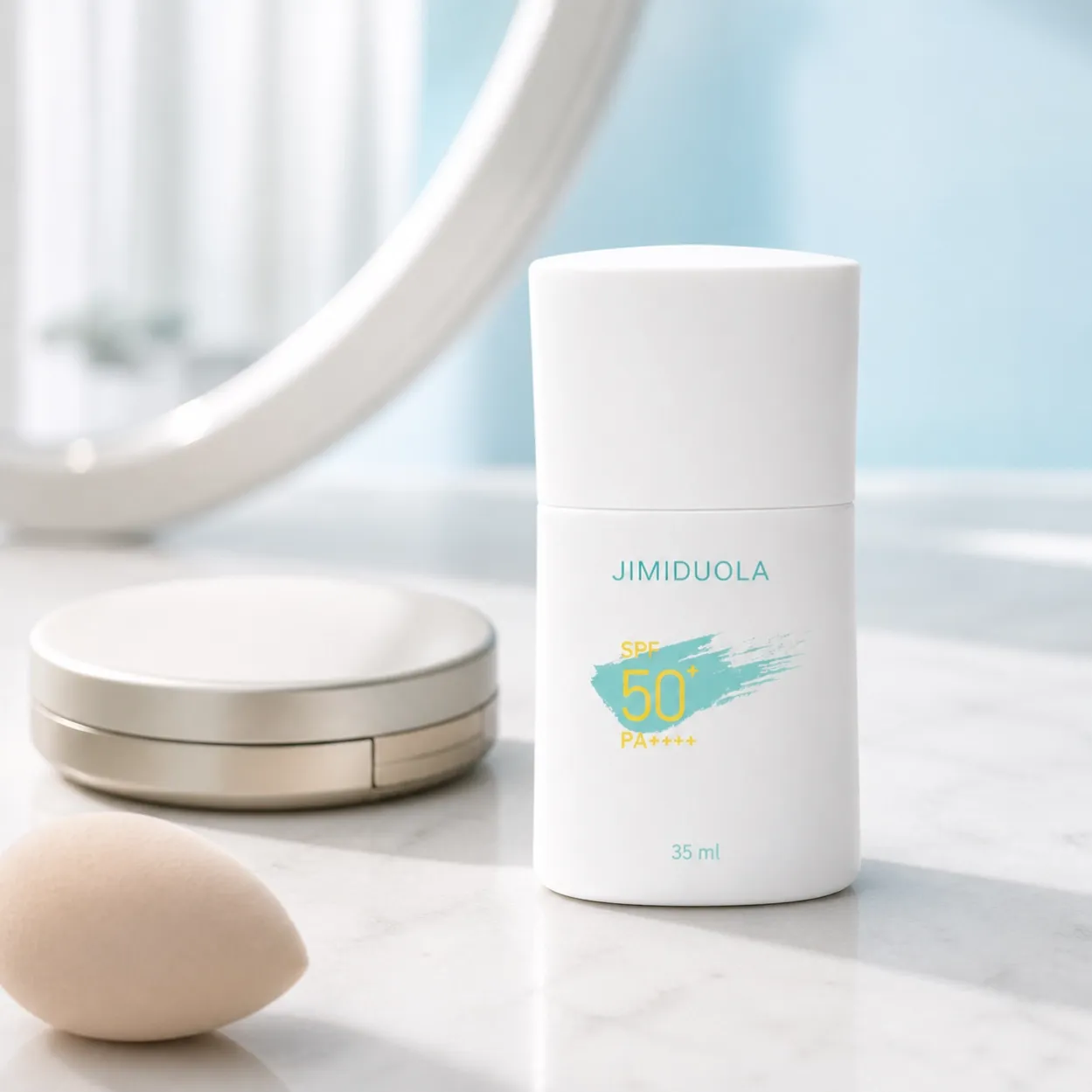 JIMIDUOLA sunscreen lotion presented in a restrained makeup-prep routine