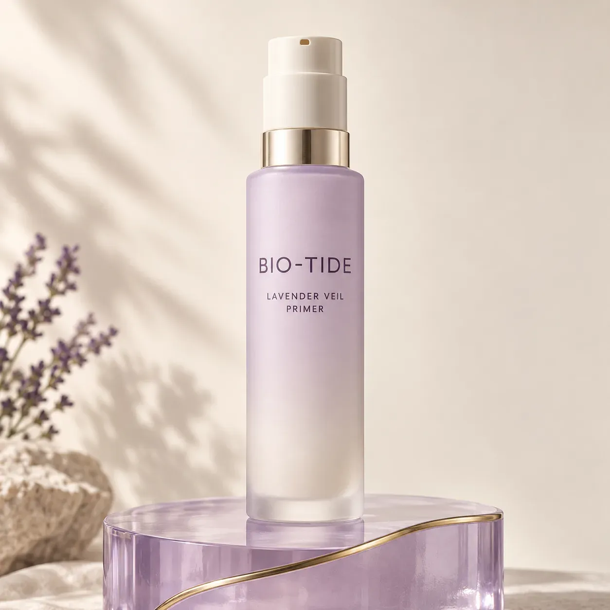 Tall BIO-TIDE lavender primer bottle on a translucent lilac pedestal