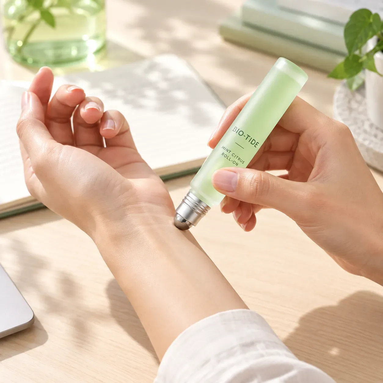 Adult applying the BIO-TIDE roll-on to the inner wrist at a desk