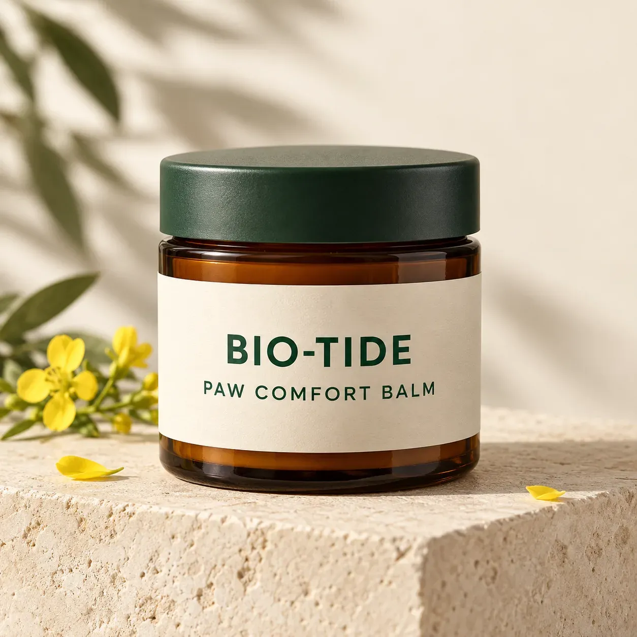 BIO-TIDE Paw Comfort Balm in a normal-proportion amber jar with a forest-green lid