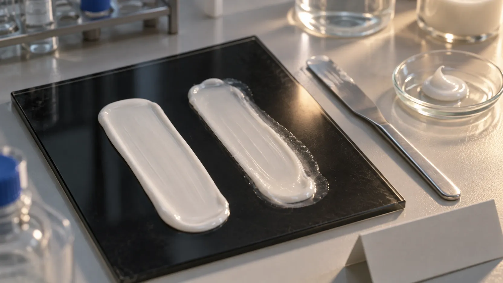 Macro comparison of a uniform cream drawdown and a non-uniform sample on a black evaluation plate under raking laboratory light