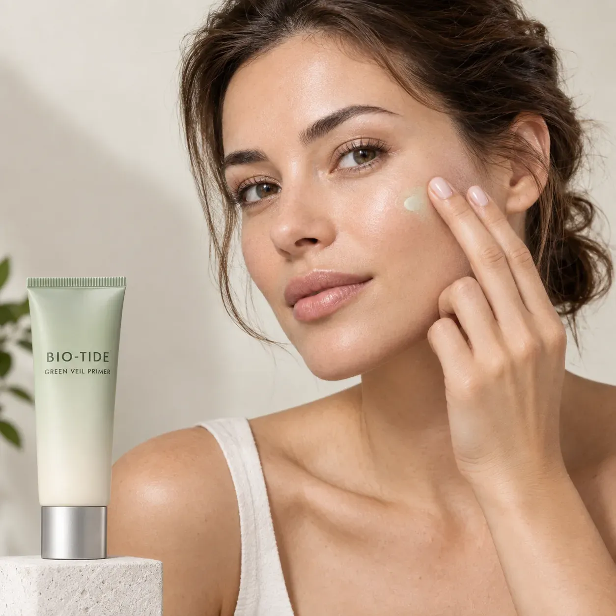 Adult model lightly tapping pale green primer onto the cheek beside the BIO-TIDE tube